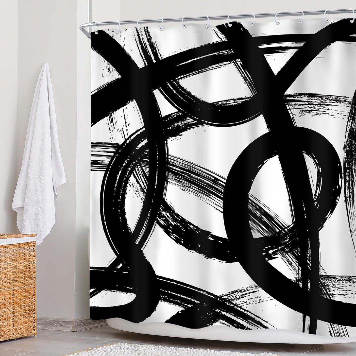 Newsely Black & White Abstract Shower Curtain - Modern Minimalist Design | 60"x72" Waterproof Bath Decor