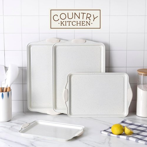 Country Kitchen Nonstick Bakeware Set - Heavy Duty & Easy Release, Cream | 4-Piece Stackable Set
