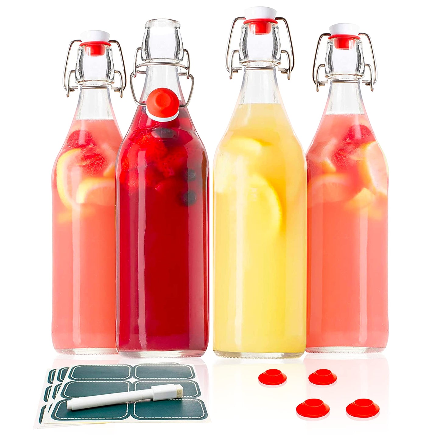 Otis Swing Top Glass Bottles with Ceramic Caps - 1 Liter, 4 Pack - Clear Glass Bottle for Kombucha Fermenting, Beer Brewing, Juicing, Wine, Milk or Eggnog