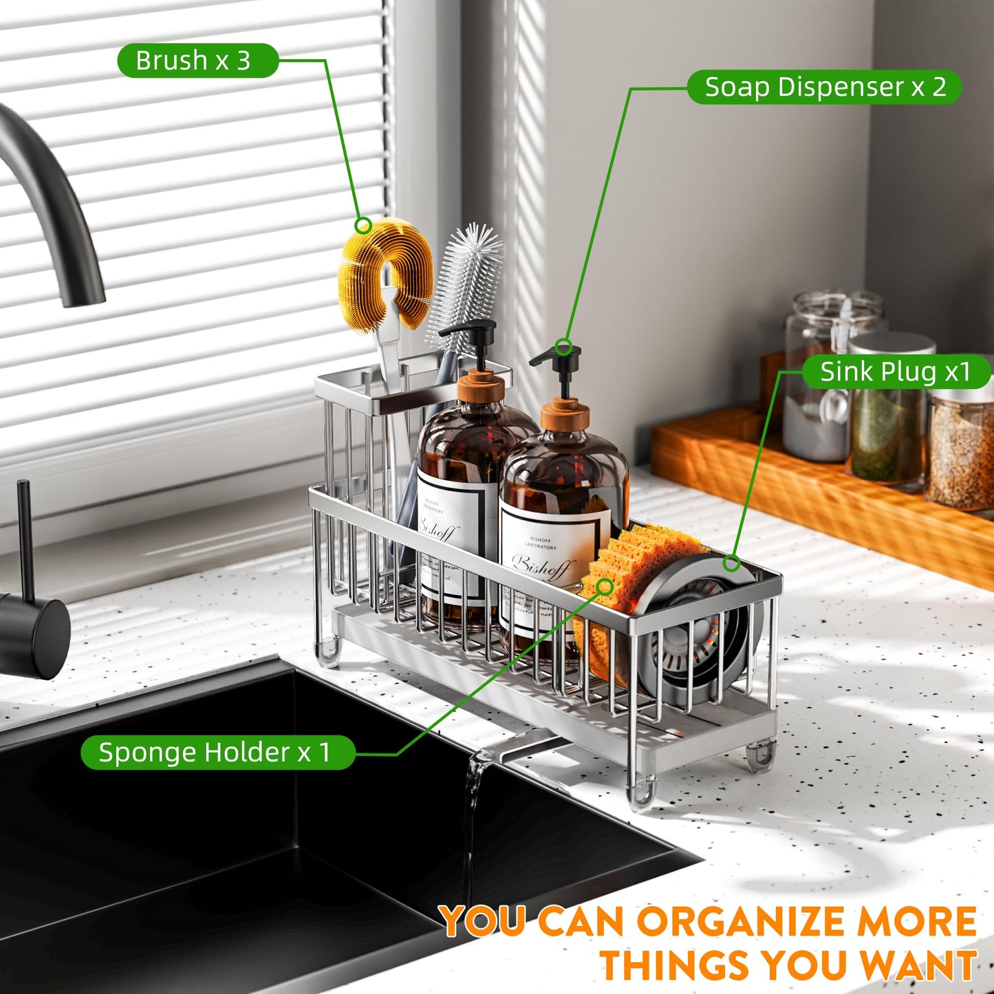 Cisily Sponge Holder for Kitchen Sink, Sink Caddy Organizer with High Brush Holder, Kitchen Countertop Organizers and Storage Essentials, Rustproof 304 Stainless Steel (Silver, 10.62″)