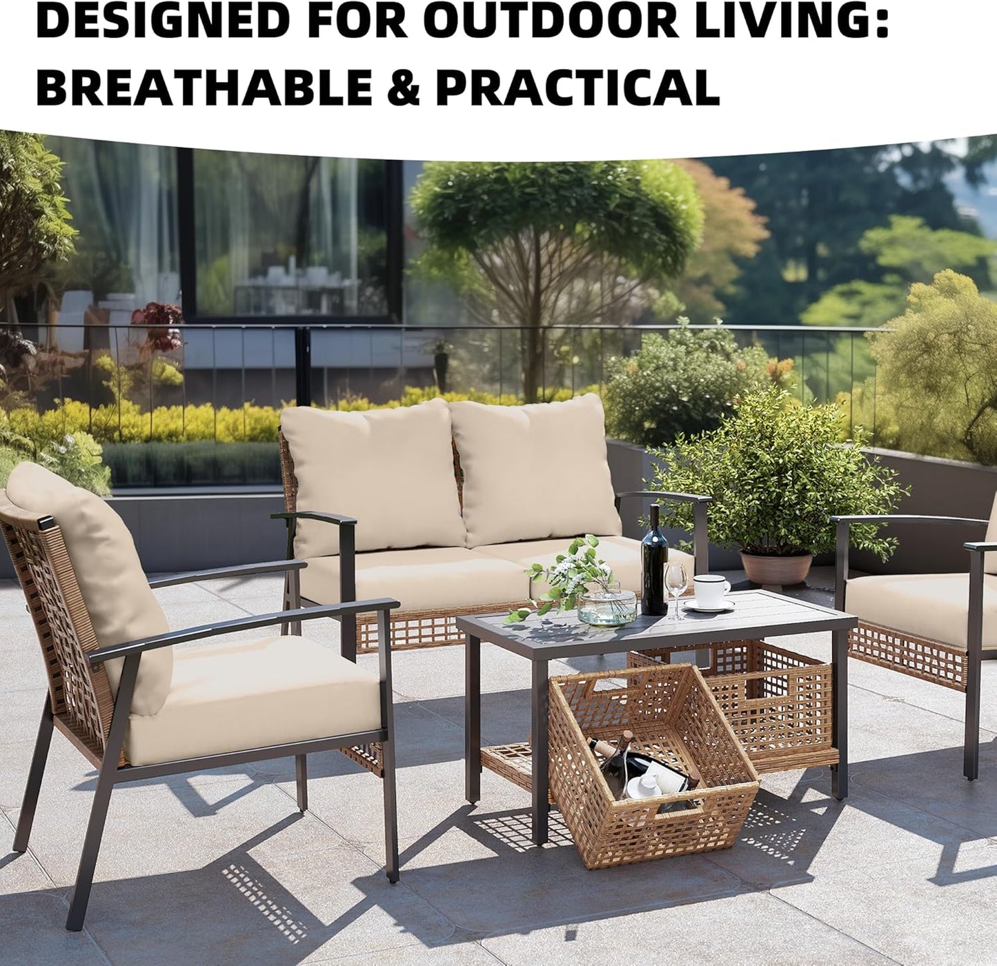 Skiennix Outdoor Cushion Covers - Washable & Reusable Stretch Slipcovers for Patio Furniture | Beige, 8 Pcs