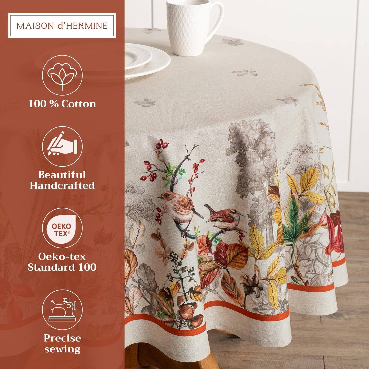 Maison d' Hermine Table Cloth Round Table 100% Cotton 63 Inches Fall Tablecloth Reusable Everyday Use for Thanksgiving Christmas Decorations Dining Farmhouse Party (Recolte)