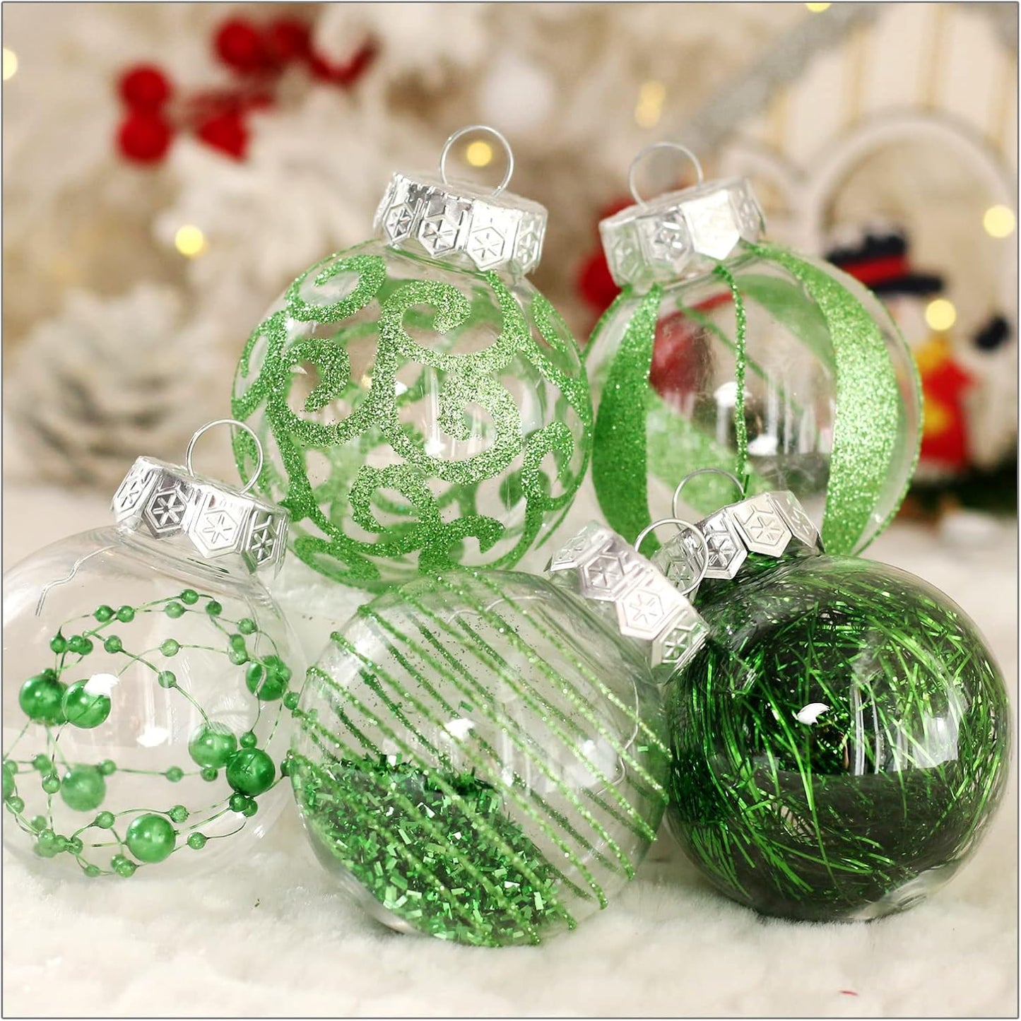 Skiennix Christmas Ornaments Set - 30pcs Shatterproof Green & Clear Baubles for Holiday Decor