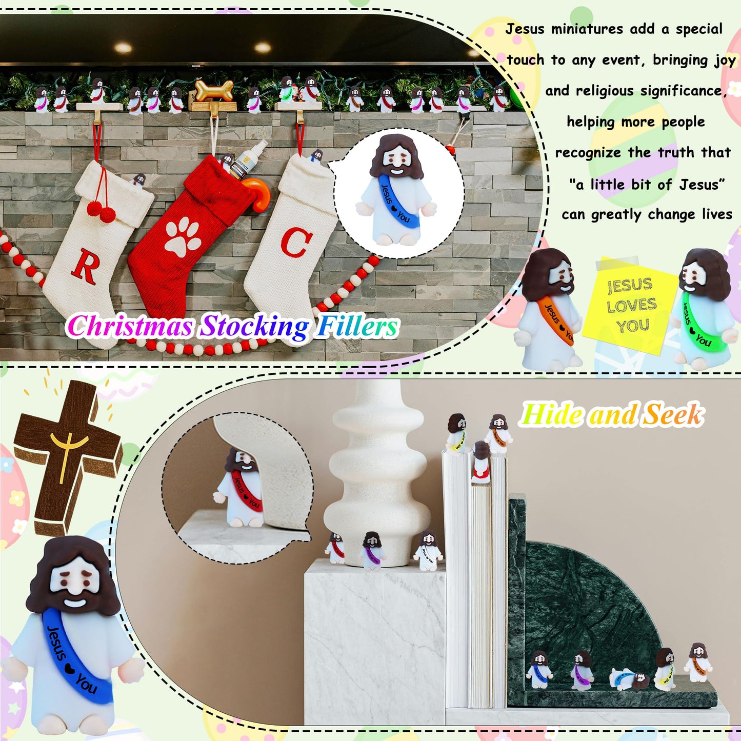 XiawaLangzhuo 50 Pack Little Jesus Figures Easter Mini Rubber Toys to Hide and Seek, Pocket Jesus Love You Miniatures Religious Party Favors Baptism Gifts Sunday School Easter Egg Stuffers (50)
