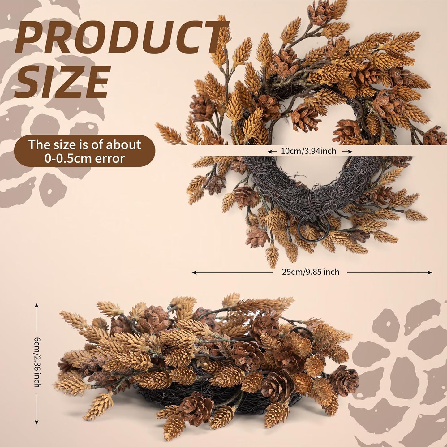 Skiennix Christmas Candle Rings - 10 Inch Wreath with Artificial Brown Pinecones | Indoor Decor for Home Centerpieces