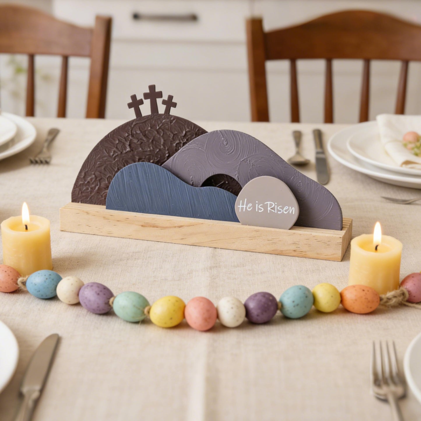 AOMOONOA Easter Empty Tomb Decor Set, He is Risen Resurrection Scene with Wooden Base, Religious Tomb Scene Easter Decoration for Christian Holiday Home Tabletop Decor