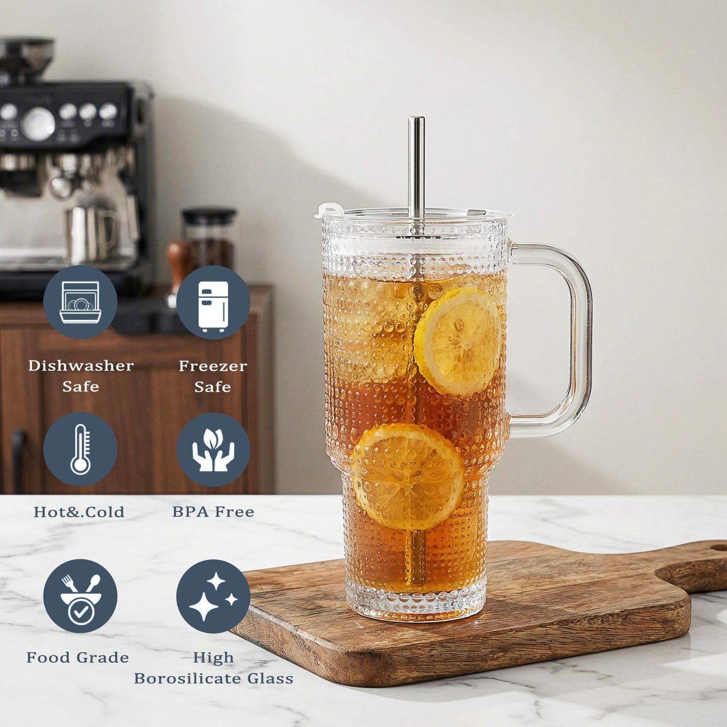 WACOI Thick Hobnail Glass Cup with Lids and Straws, Upgraded Version Iced Coffee Tumbler Cups with Stainless Steel Straws and Leak-proof Sealing Lid 2 Pack 18 oz