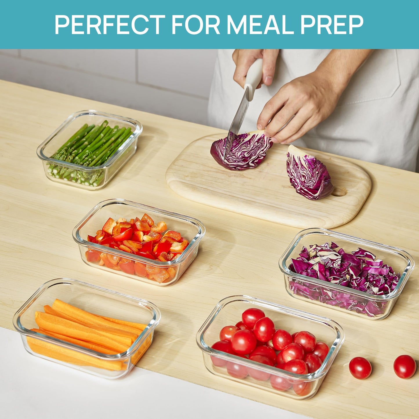Vtopmart 5Pack 22oz Glass Storage Containers with Lids, Glass Meal Prep Food Container Sets with Snap Airtight Lids for Microwave, Oven, Freezer and Dishwasher, Grey