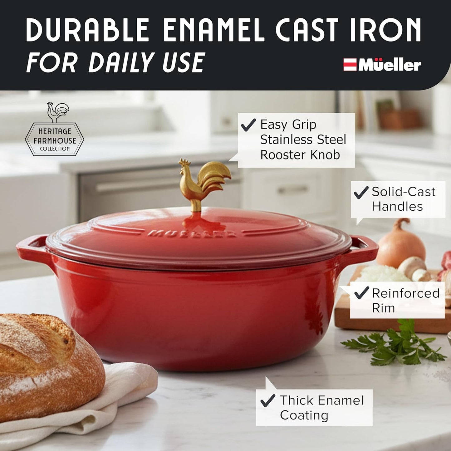 MUELLER HOME Enameled Cast Iron Dutch Oven - 5.5 Quart with Rooster Knob & Potholders, Red
