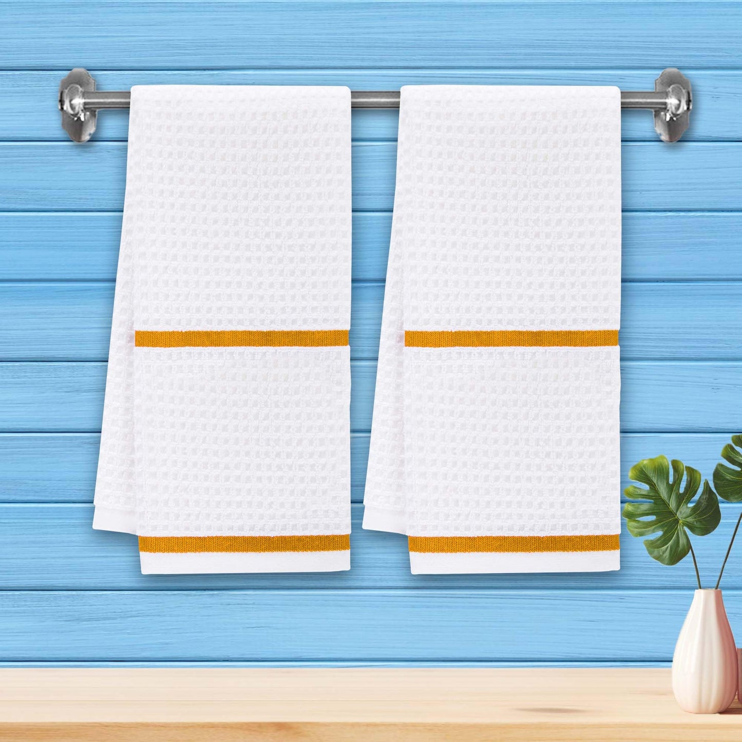 VOOVA & MOVAS White Dish Towels, Waffle Weave Kitchen Hand Towels 6PC - 100% Cotton | Soft | Absorb | Daily Use, Dish Towels for Kitchen，White Check with Yellow Stripe