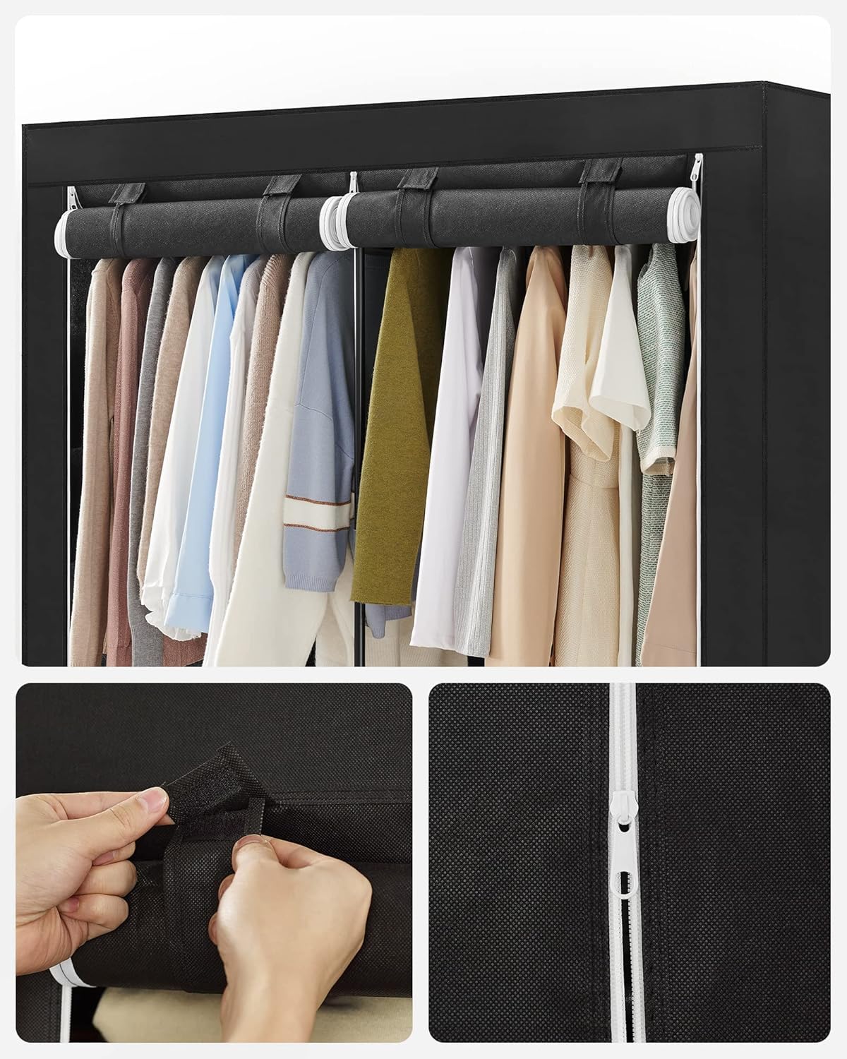 SONGMICS Portable Closet - Wardrobe Organizer with Cover, 3 Rods & Shelves, 51.2" x 17.7" x 65.7", Ink Black