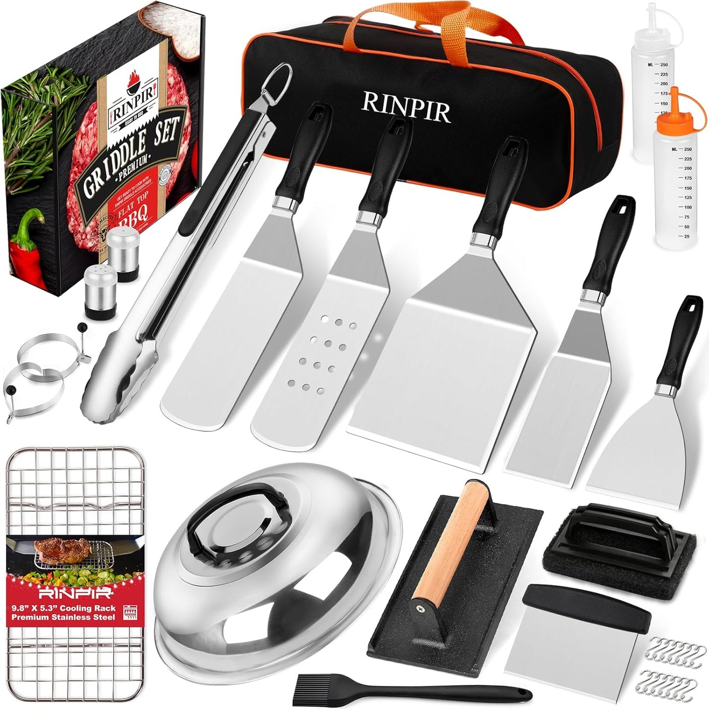 RINPIR 33PCS Griddle Accessories Kit - Professional Flat Top Grill Tools with Cooling Rack & Burger Press