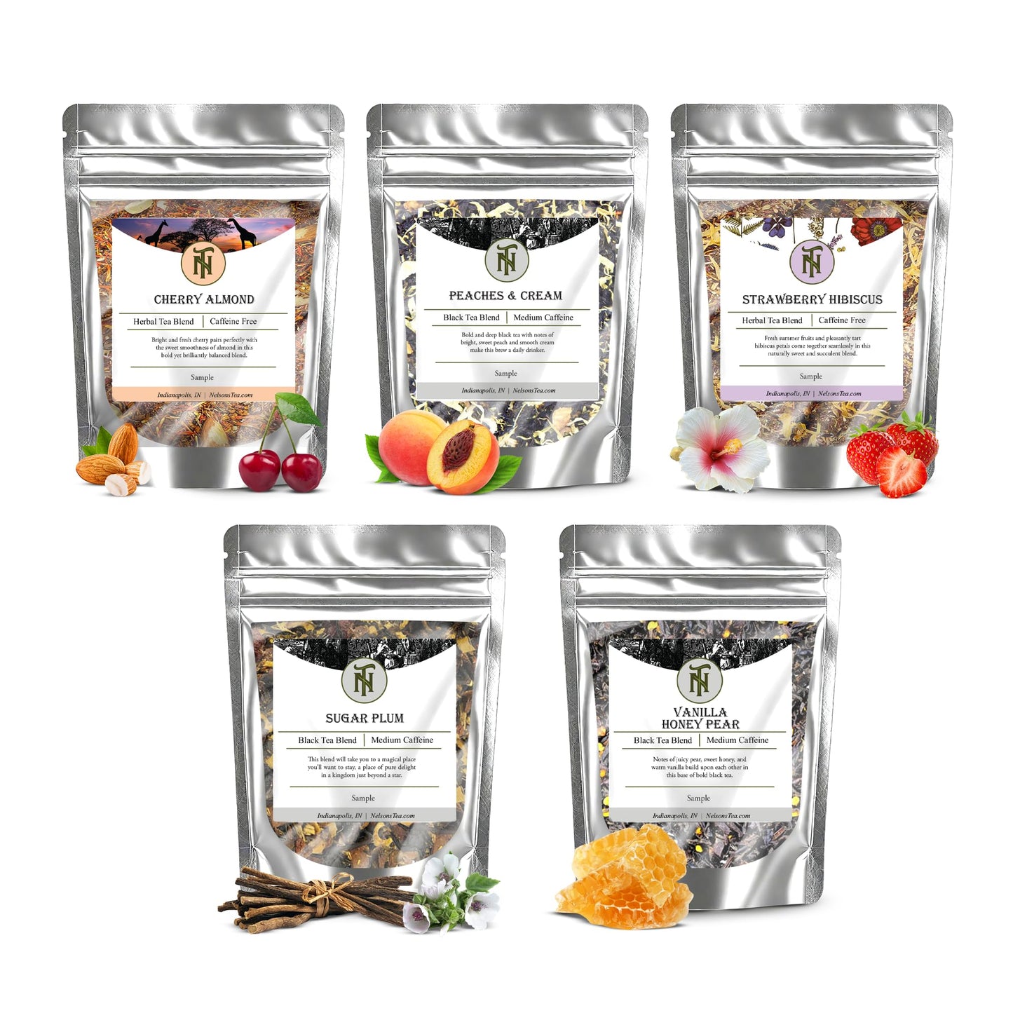 Nelson's Tea Fruit Sampler Pack - 5 Flavors Variety Pack - Loose Leaf Tea Sampler - Cherry Almond, Peaches & Cream, Strawberry Hibiscus, Sugar Plum, Vanilla Honey Pear - Samples Sizes