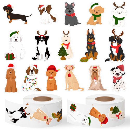 CNhoqc Christmas Dog Sticker Rolls - 1000Pcs Cartoon Dog Stickers in 2 Rolls, 16 Different Cute Puppy Designs, Water-resistant Vinyl Decorations for Christmas Gift Party Supplies Laptop Journal Reward