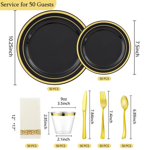 ISFANGCO 350pcs Black and Gold Dinnerware Set for 50 Guests, Graduation Plates, Black Plastic Plates with Gold Rim for Party -50 Dinne/Dessert Plates, 150 Silverware Set,50 Napkins and Cups