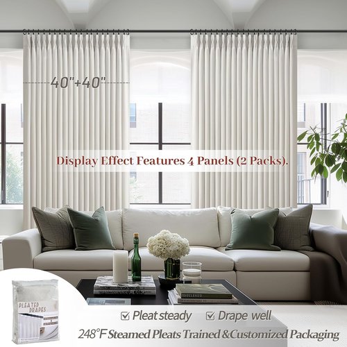100% Blackout Linen Curtains by [Brand Name] - 96 Inch Modern Pinch Pleated Off Beige Drapes for Sliding Glass Doors