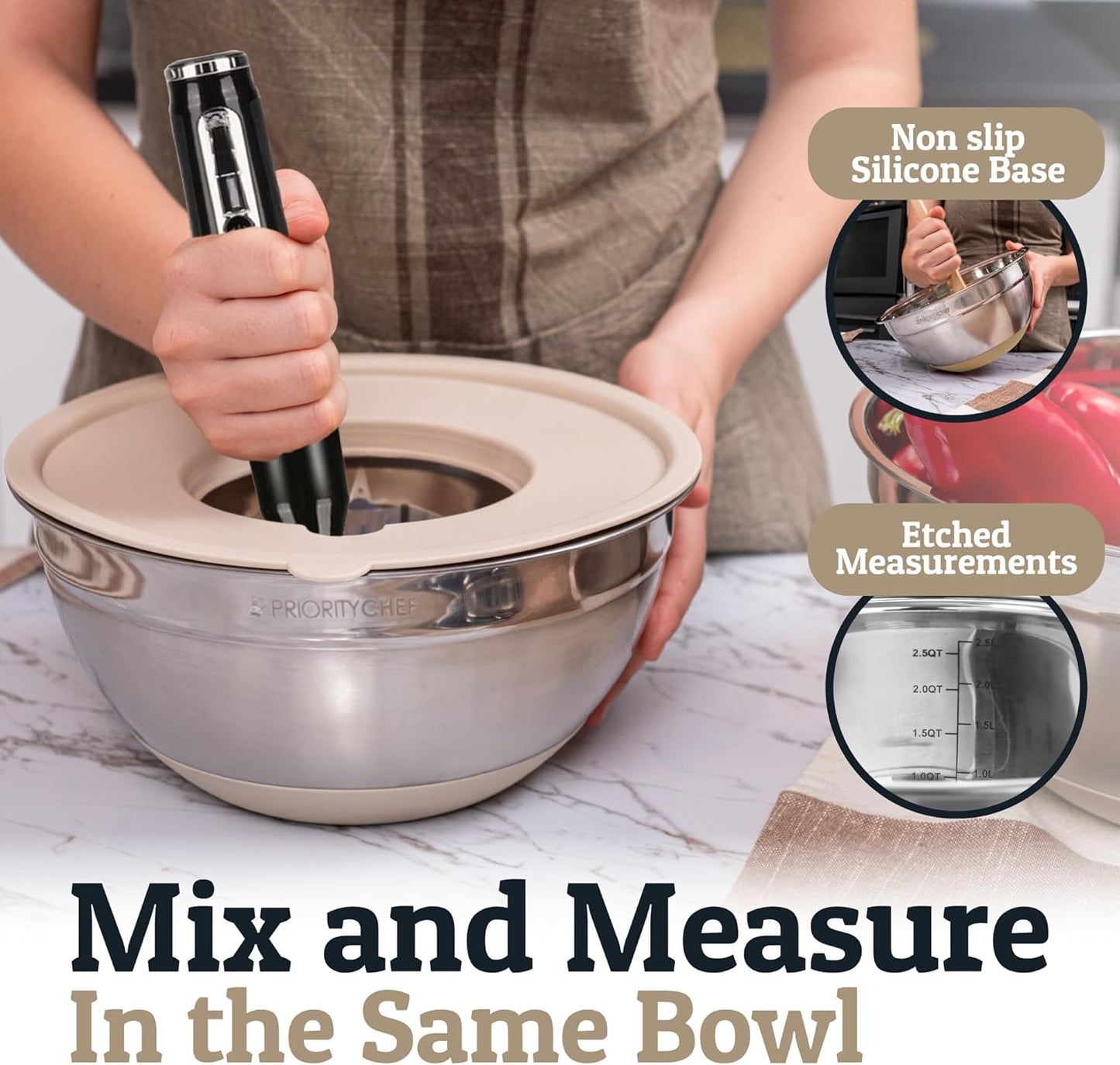 Priority Chef 6-Piece Stainless Steel Mixing Bowls Set - Non-Slip Bases & Airtight Lids | Khaki