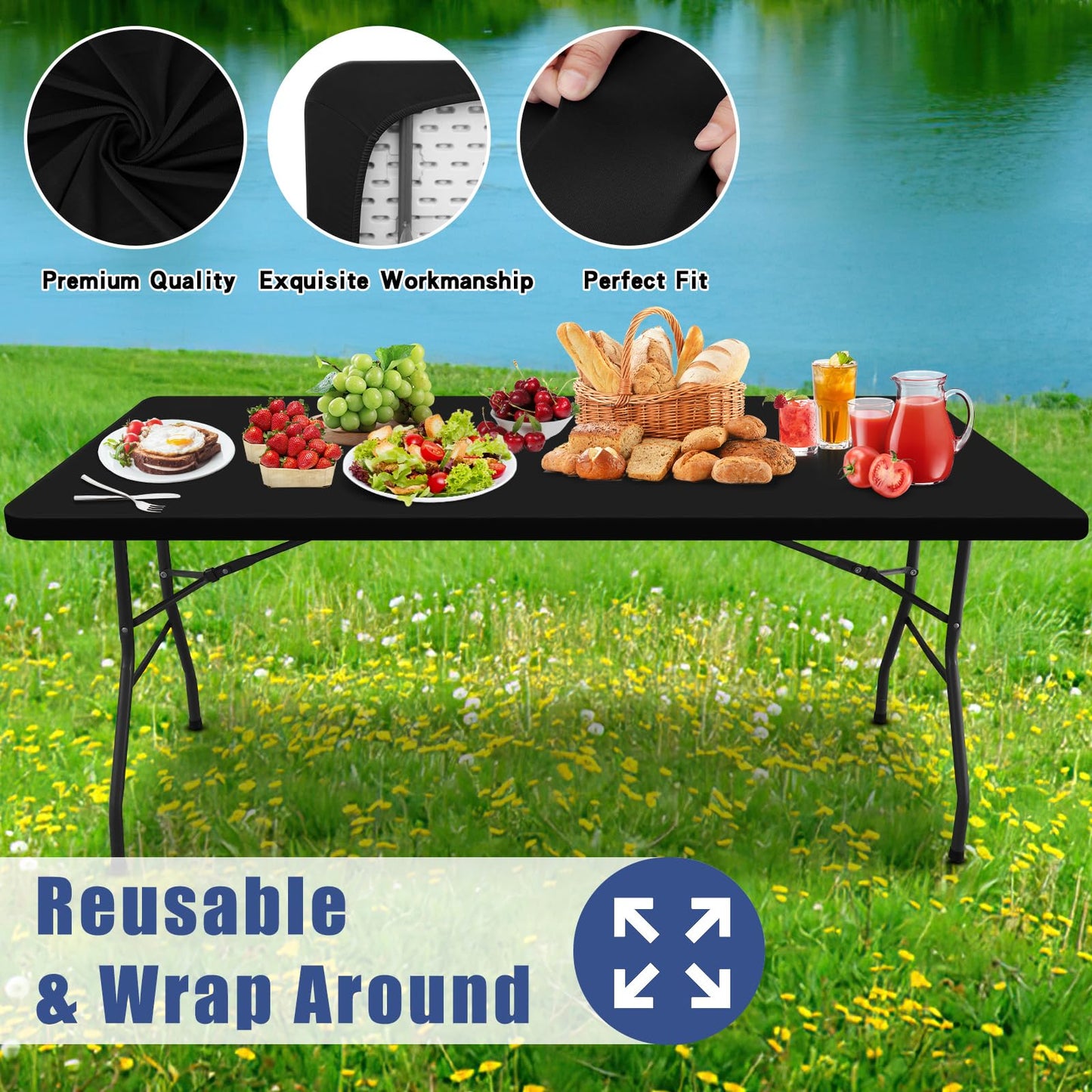Moosfor Spandex 6 Foot Rectangle Table Cloth 4 Pack, Elastic Fitted Tablecloths for Picnic, Stretch Washable Patio Table Cover for Outdoor, Camping, Banquet and Parties (Black, 30"x72")