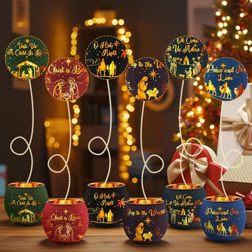 Jingmore Christmas Nativity Scene Votive Candle Holders - 6 Glass Holders with Laser Engraved Designs for Holiday Decor
