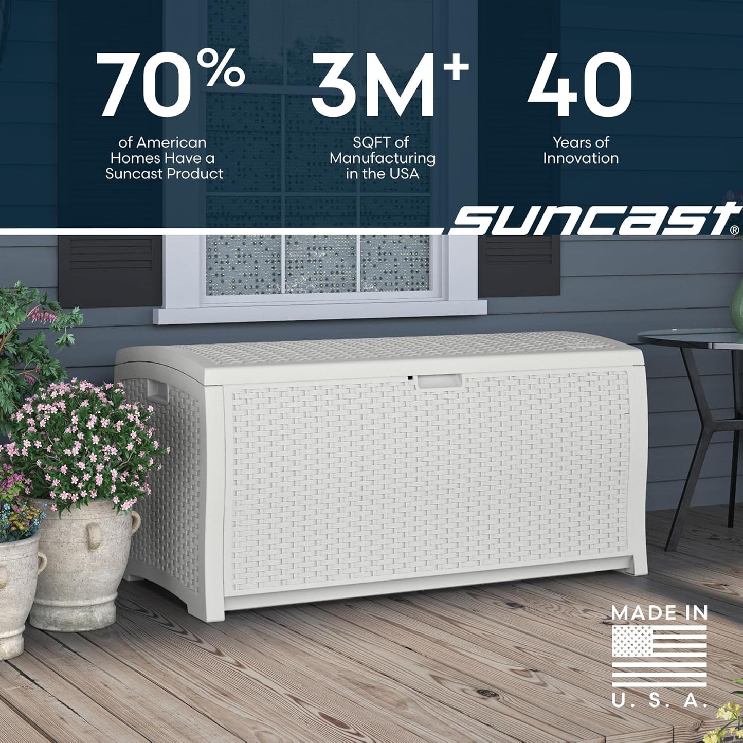 Suncast 99 Gallon Wicker Outdoor Deck Box - Water-Resistant Storage Solution for Patio & Yard, White