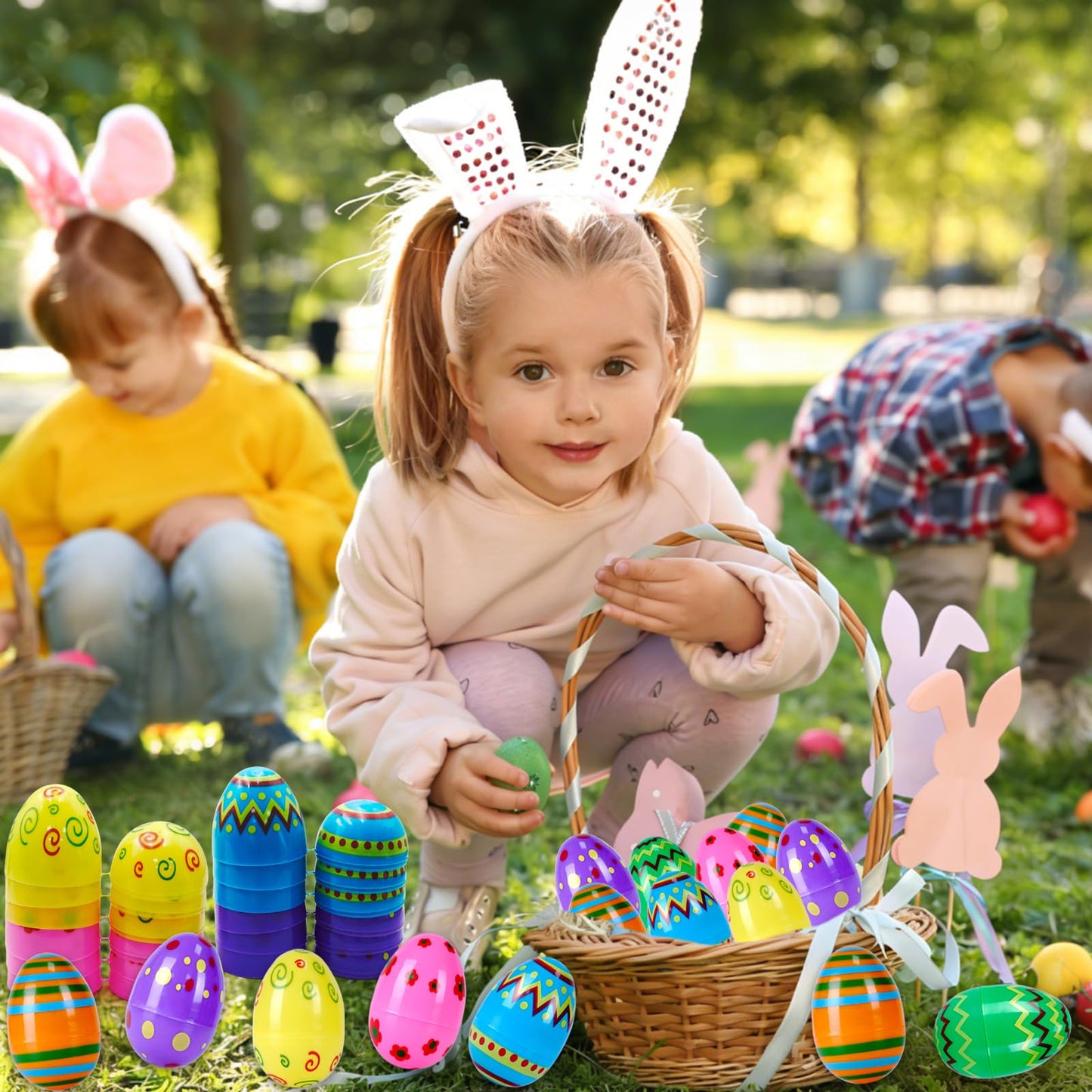 ZICZLI 48 PCS 3" Large Printed Plastic Easter Eggs, Empty Fillable Bright Colorful Eggs Bulk for Easter Egg Hunt Filling Treats Basket Stuffers Easter Party Favors