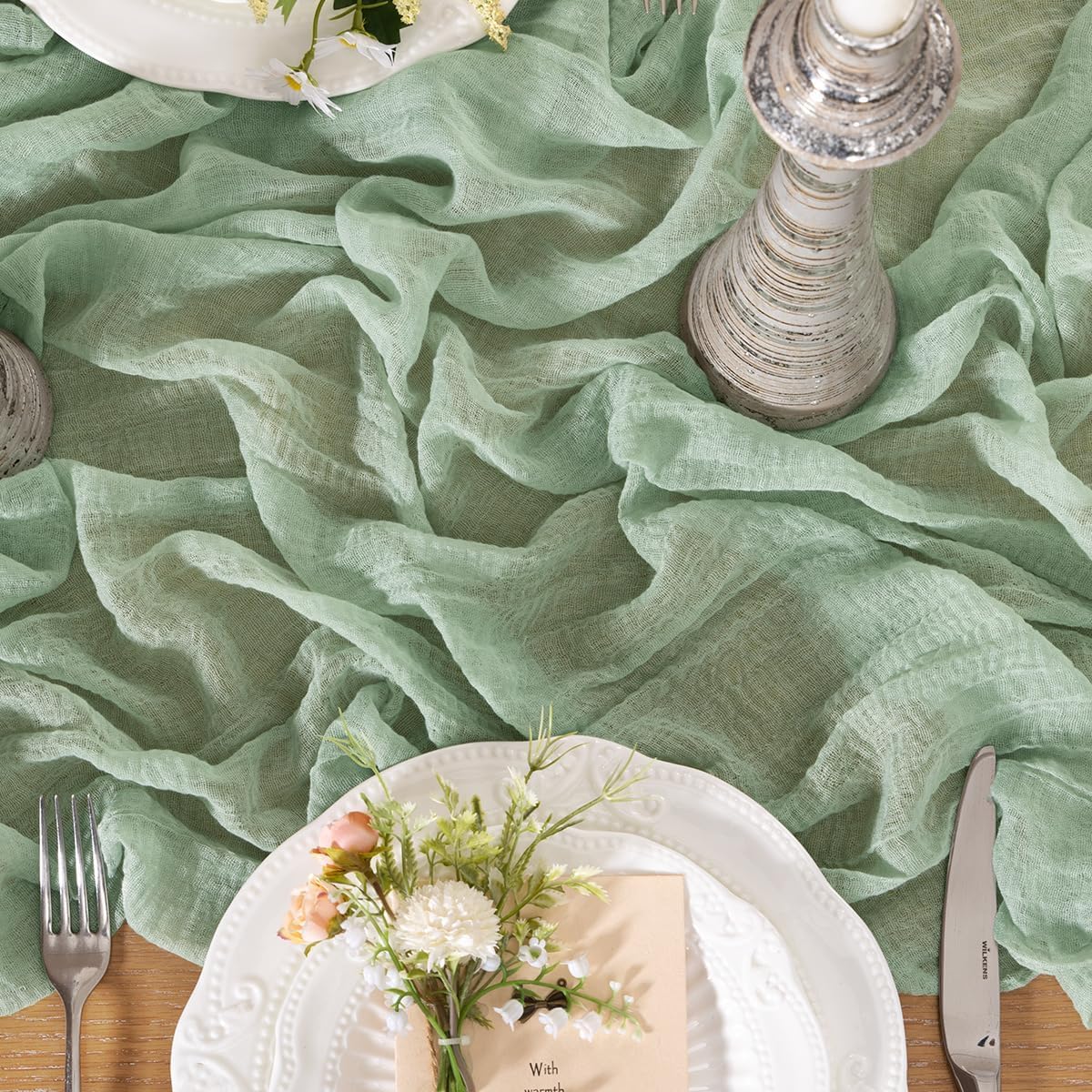 Santaben Sage Green Cheese Cloth Table Runner Spring 120 Inch Soft Rustic Boho Gauze Cheesecloth Table Runner 10FT for Wedding Birthday Party Baby Shower Home Decoration