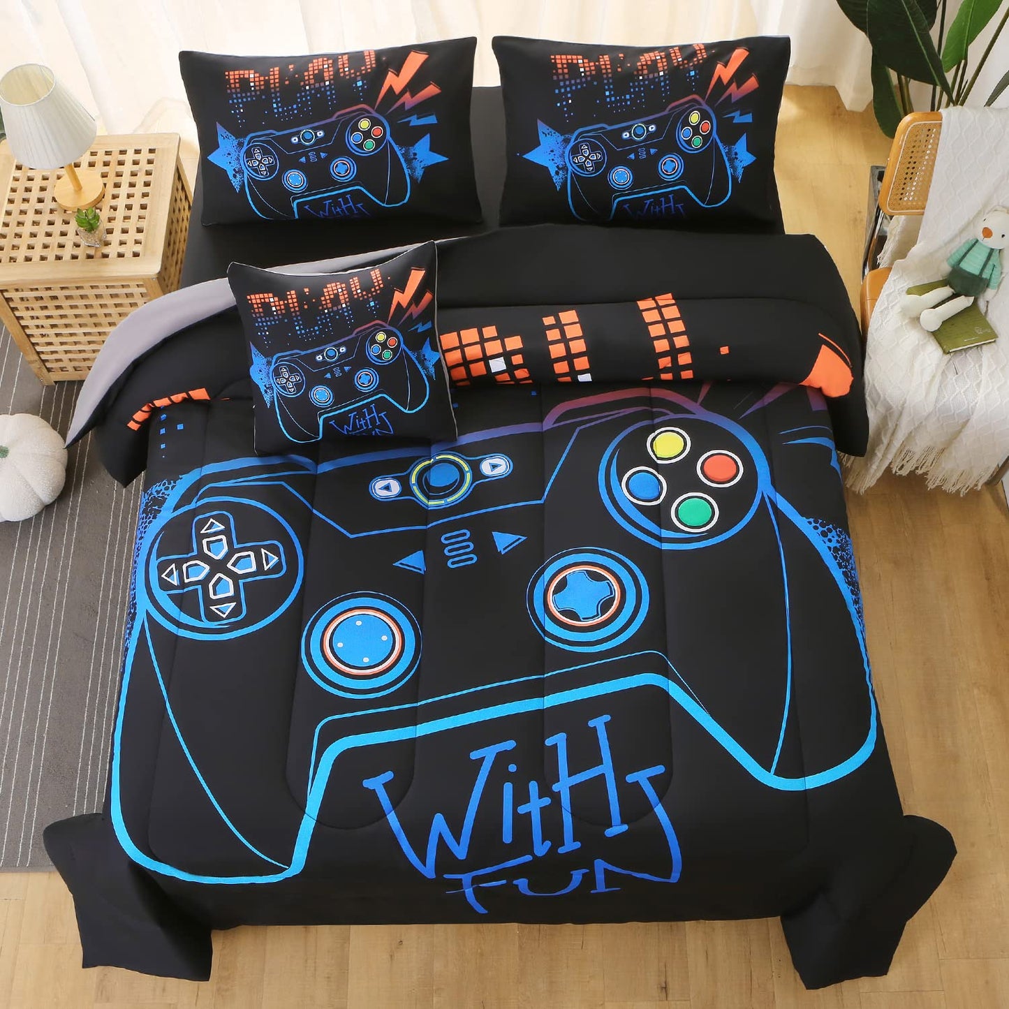 JQinHome Full Gaming Comforter Sets for Boys,6 Piece Bed in A Bag 3D Video Game Bedding -All Season Soft Microfiber Gamer Bedding Sets for Kids,Pillowcase, Flat Sheet, Fitted Sheet,Cushion Cover
