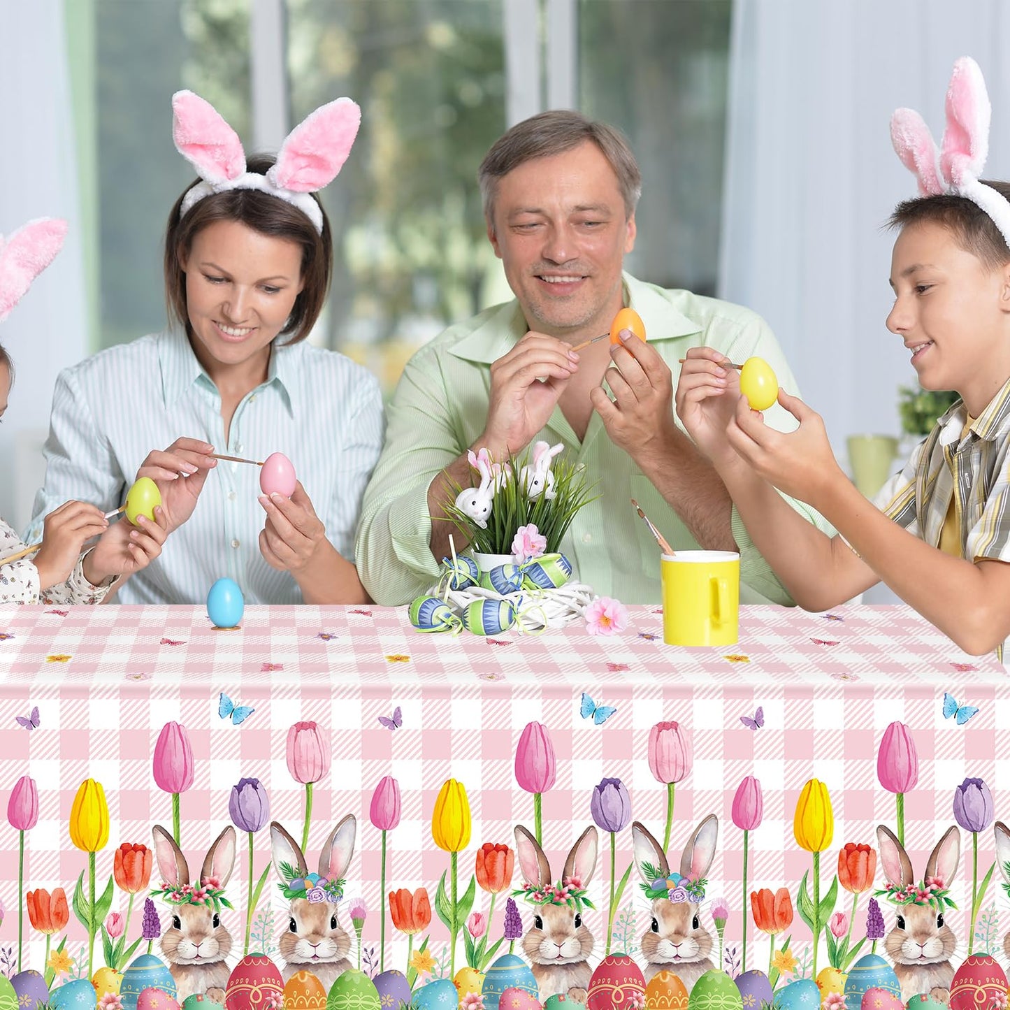 TJYJOY 4 Pack Easter Tablecloth Spring Tulip Buffalo Bunny Table Cloth Disposable Rectangle Table Covers Easter Decorations for Picnic Spring Birthday Party Supplies 51 x 86in