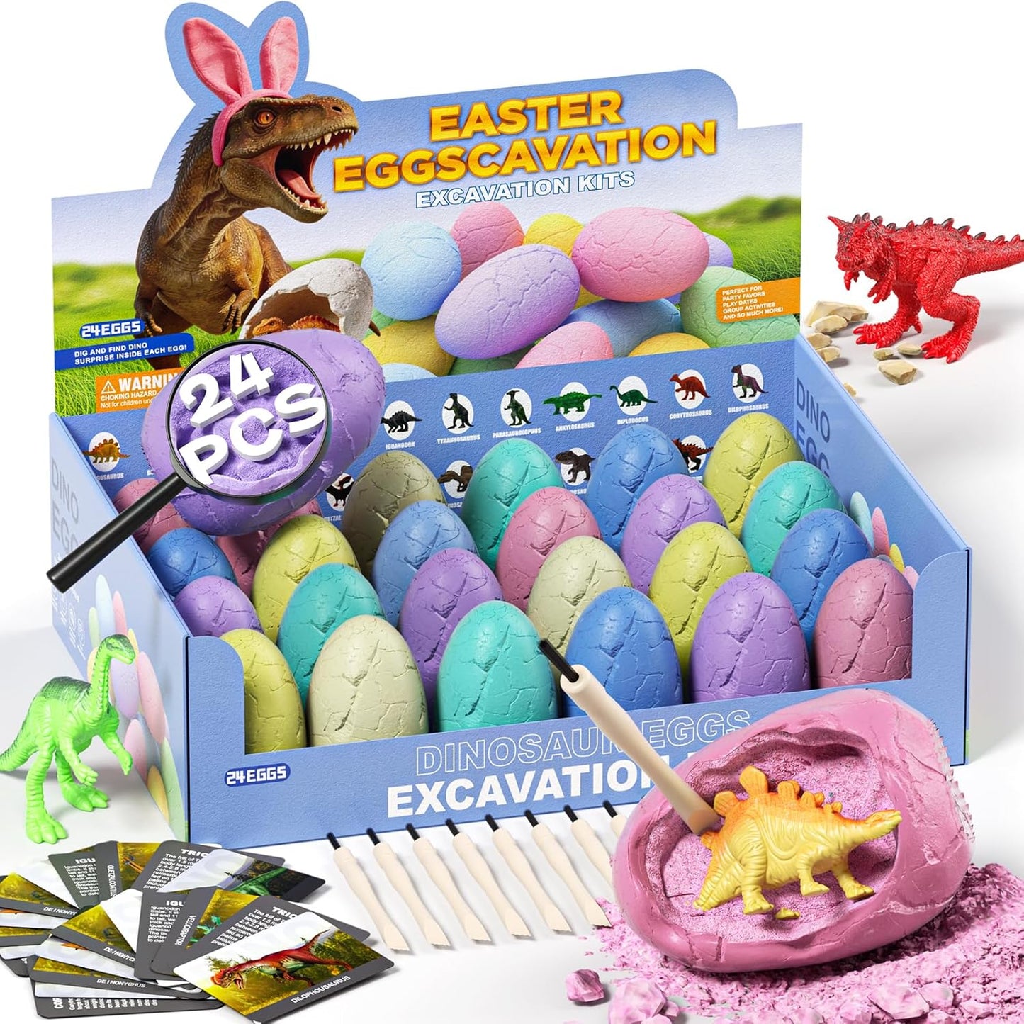 Skiennix Colorful Dinosaur Eggs Excavation Kit - STEM Learning Toy with Cards | 24 Pack for Kids Age 3+