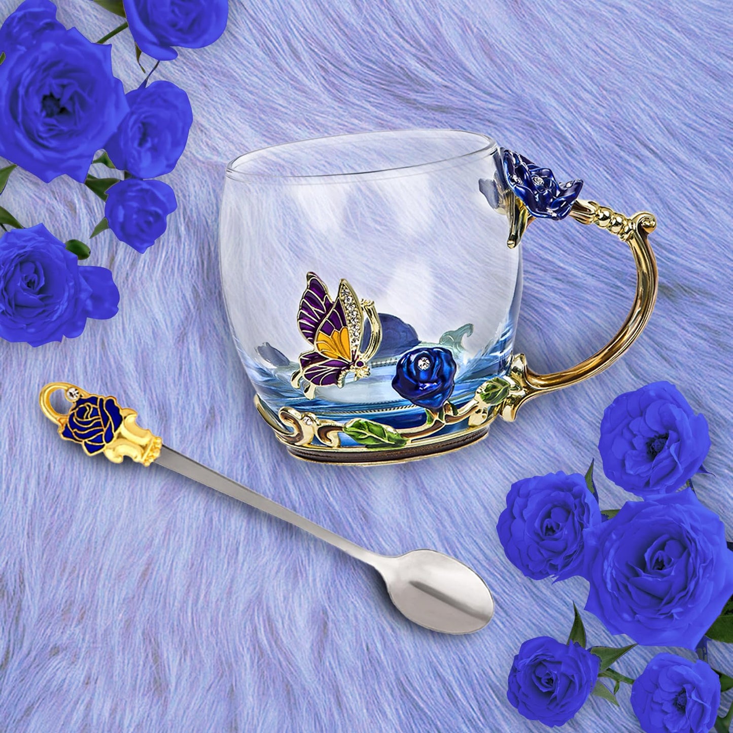 AISVELDY Flower Tea Cup,Butterfly Rose Clear Glass Fancy Coffee Mug with Spoon,Gift Box for Her Mom Wife Grandma Girls Women Christmas Birthday Present Idea for Juice,Hot And Cold Drinks Use