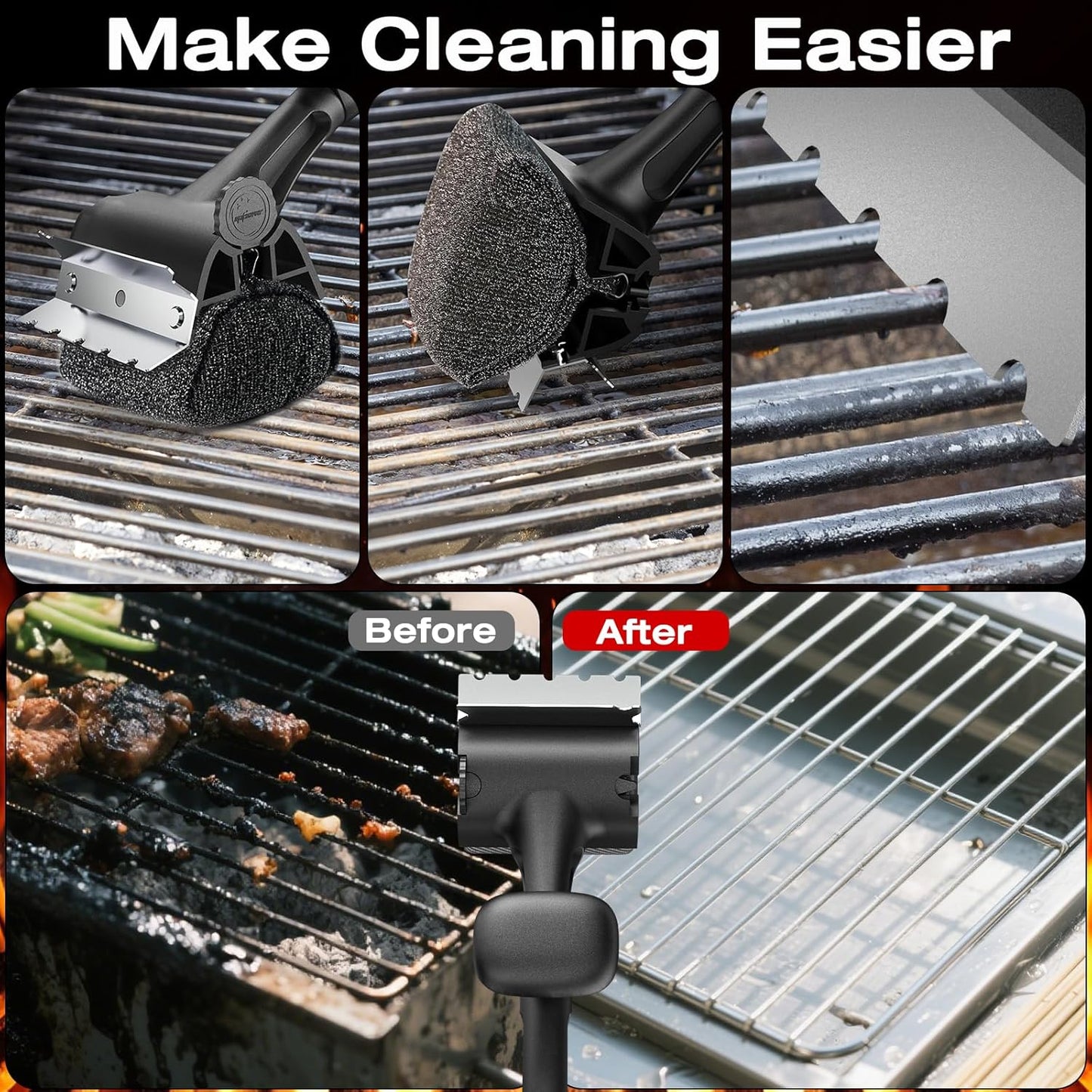 TMEDW Grill Brush - Bristle-Free Design with Reinforced Scraper for Safe BBQ Cleaning | Black