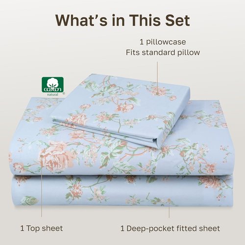 California Design Den Twin Bed Sheets Set | 100% Cotton, 400 Thread Count, Floral Blue/Pink Design