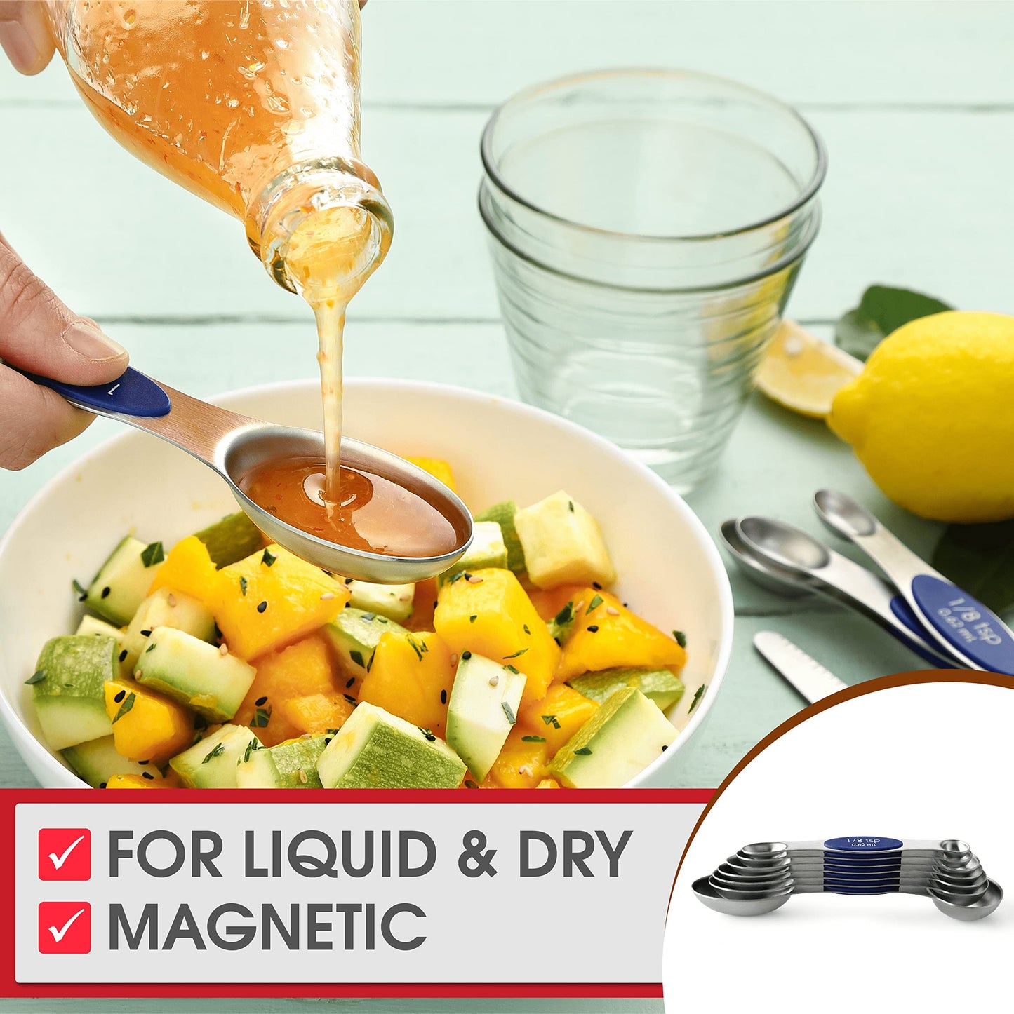 Spring Chef Magnetic Measuring Spoons Set, Dual Sided, Stainless Steel, Fits in Spice Jars, Sapphire, Set of 8, 2 Pack