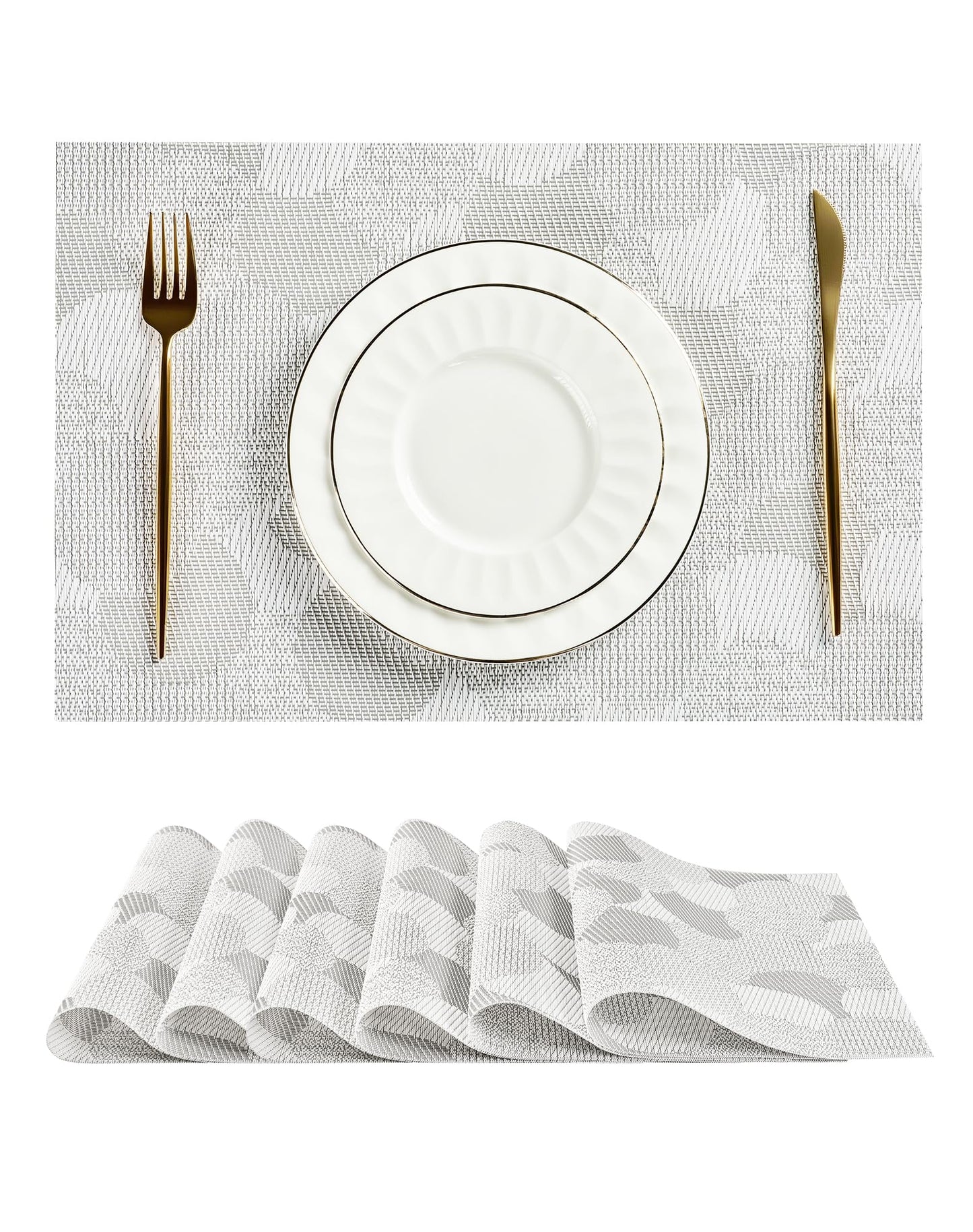 Leetaltree White Placemats Set of 6 - Heat Resistant Non-Slip Place mats for Dining Table, Washable Durable PVC Vinyl Woven Table Mats（White Circle, 6）