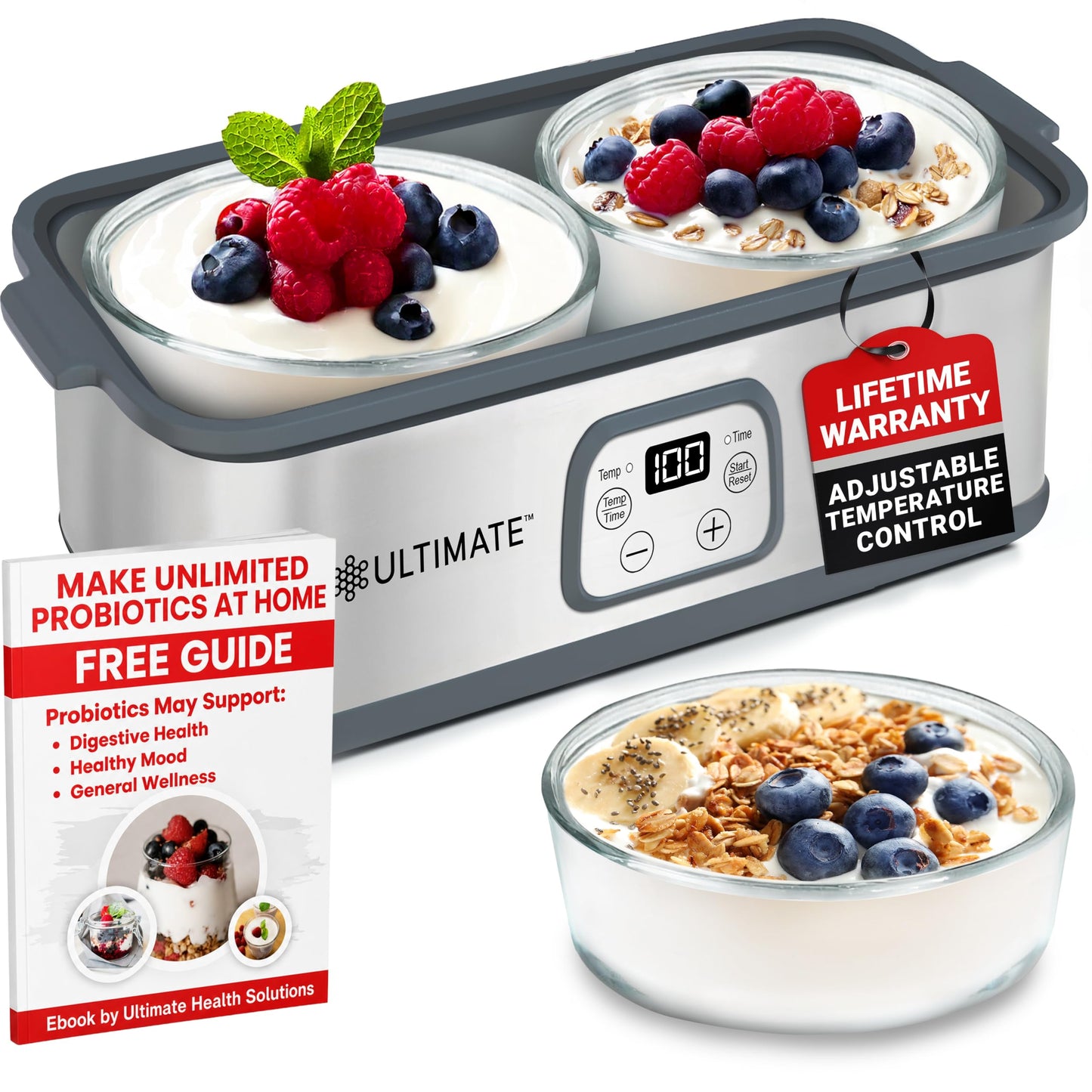Ultimate Probiotic Yogurt Maker with Adjustable Time & Temperature Control, Make Trillions of Probiotics for Better Gut Health, Two 1-Quart Containers for Larger Batches, ULTIMATE LIFETIME WARRANTY