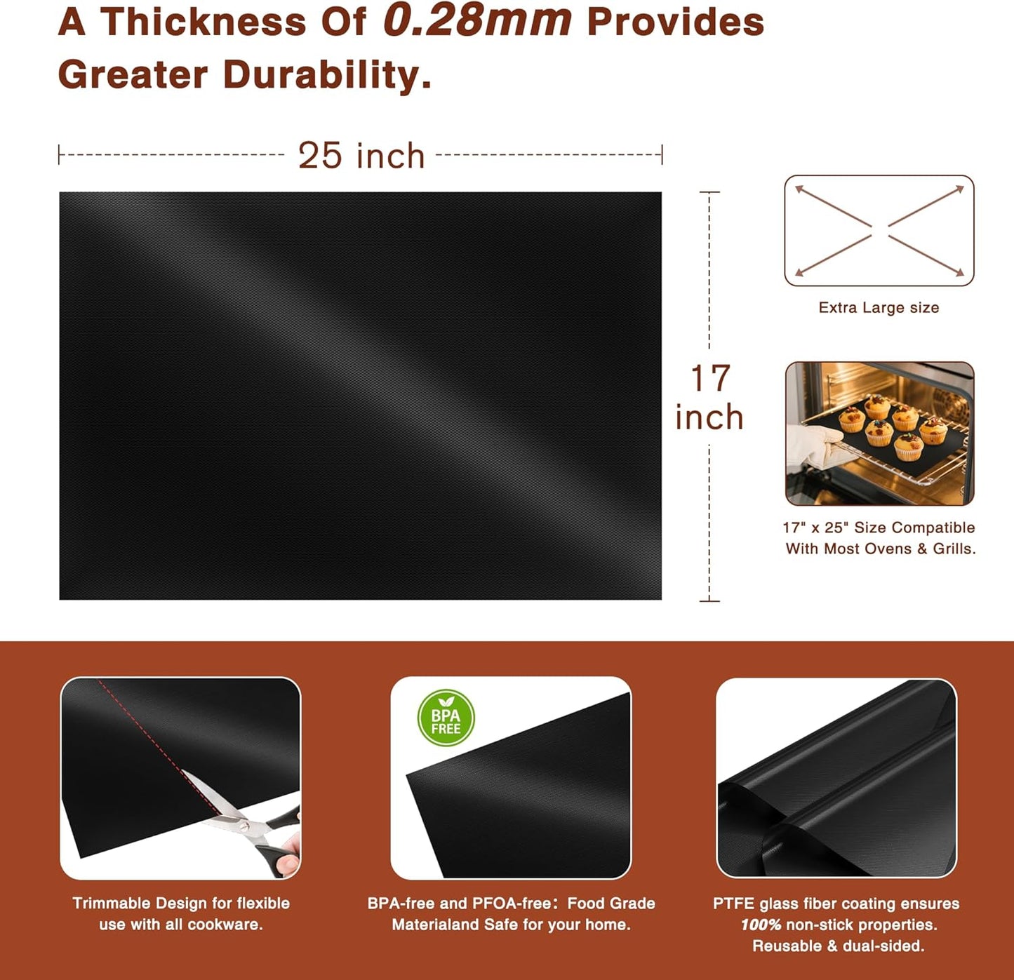 PrettyCare Oven Liners - Heavy Duty Non-Stick Mats, 17”x25” | 2 Pack for Electric & Gas Ovens, BPA Free