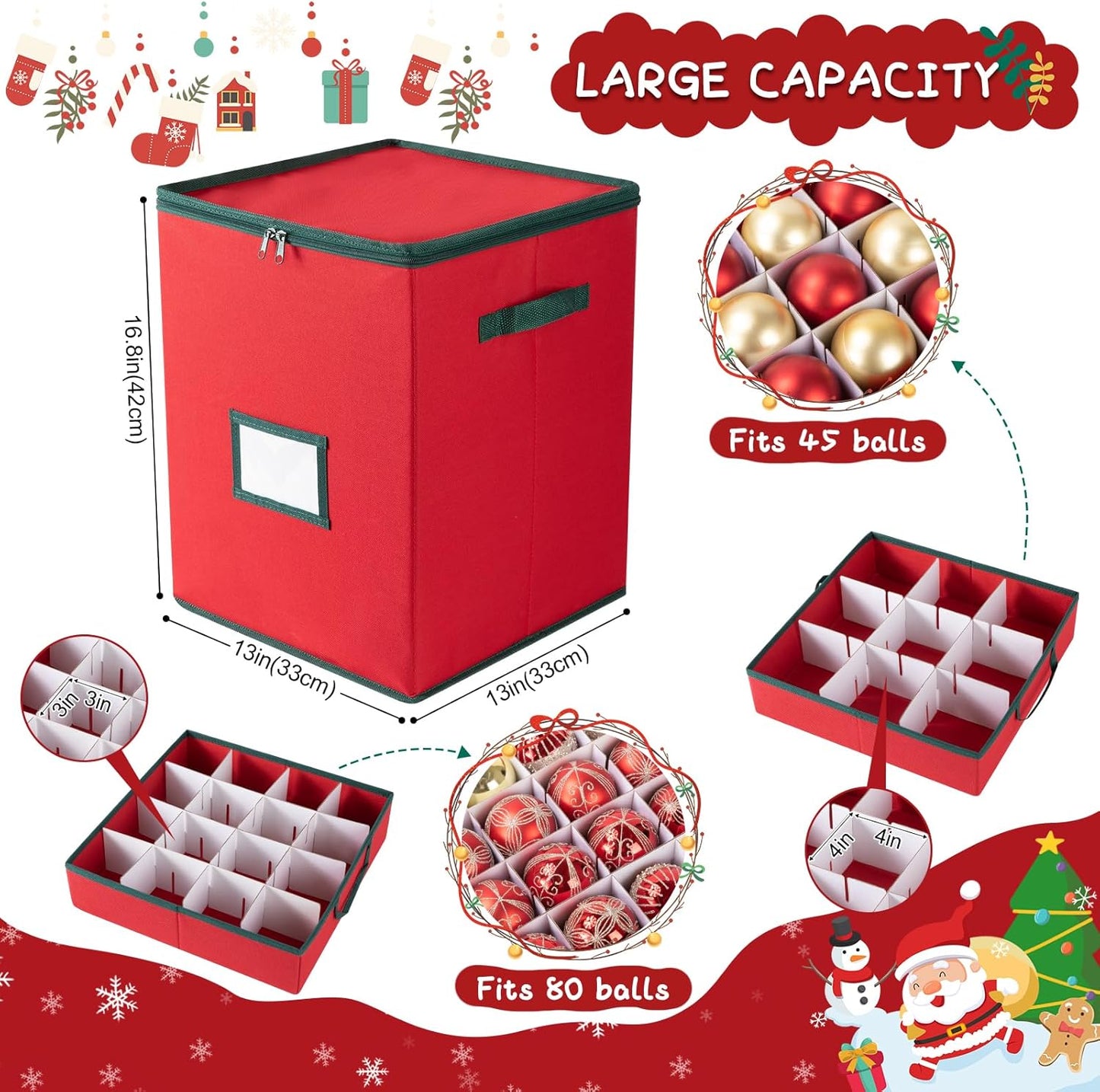 OIAHOMY Christmas Ornament Storage Box - Holds 80 Ornaments with Trays & Zippers | Durable 600D Oxford Fabric - Red