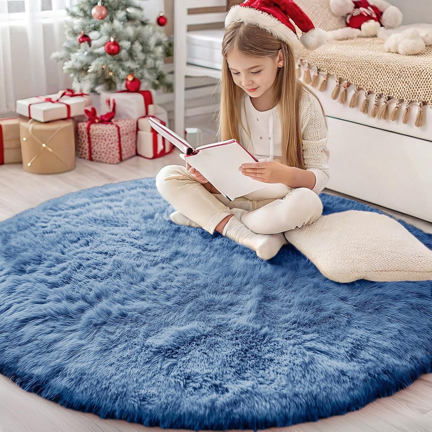 OLANLY Blue Round Area Rug - Soft, Fluffy, Machine Washable 4 ft Circle Carpet for Bedroom & Living Room Decor