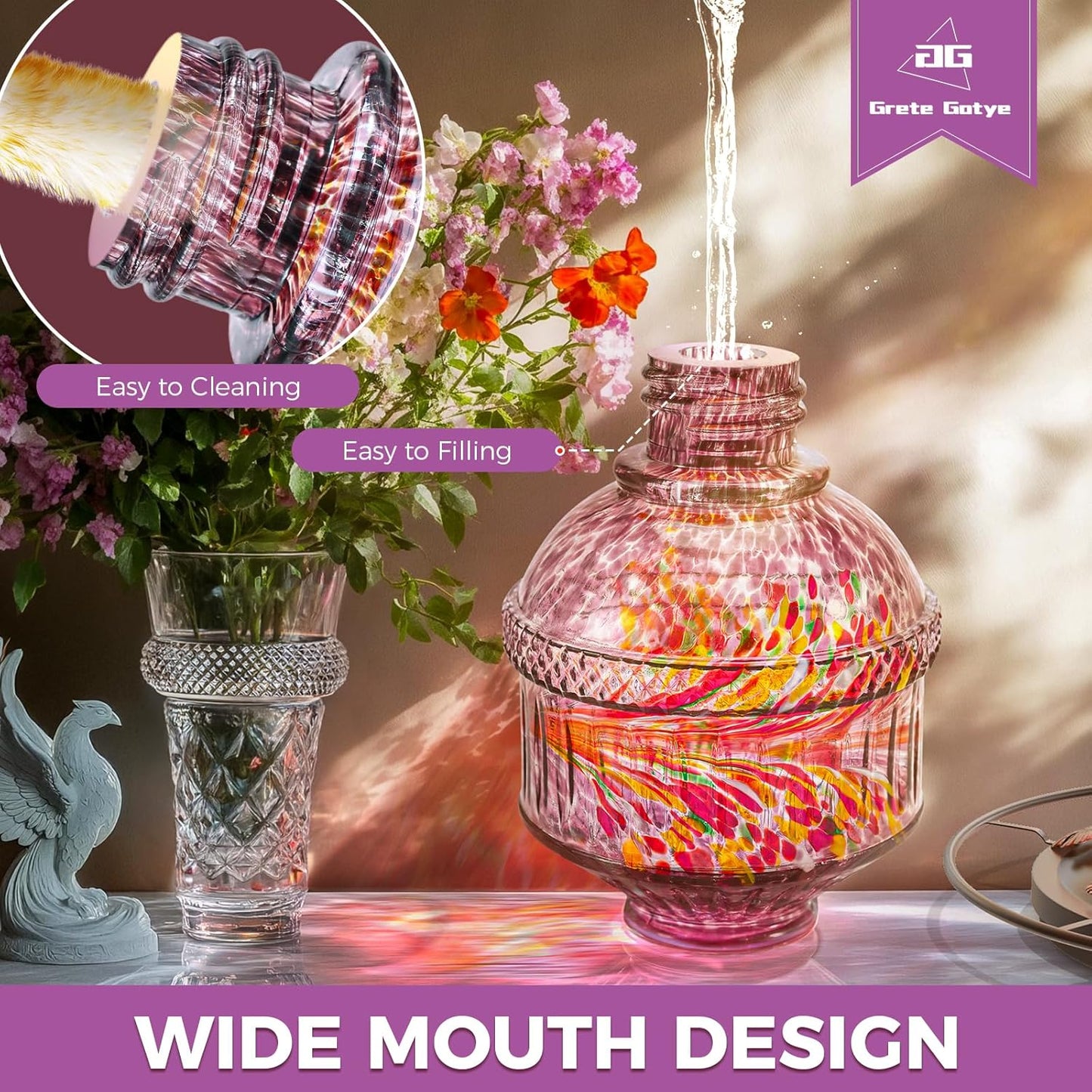 Skiennix Hand Blown Glass Hummingbird Feeder - 25 Ounce Leak-Proof Design with 5 Flower Ports | Purple Garden Decor