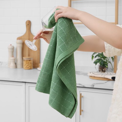 Homaxy 100% Cotton Terry Kitchen Towels(Grass Green, 20 x 28 inches), Checkered Designed, Soft and Super Absorbent Dish Towels, Large 4 Pack