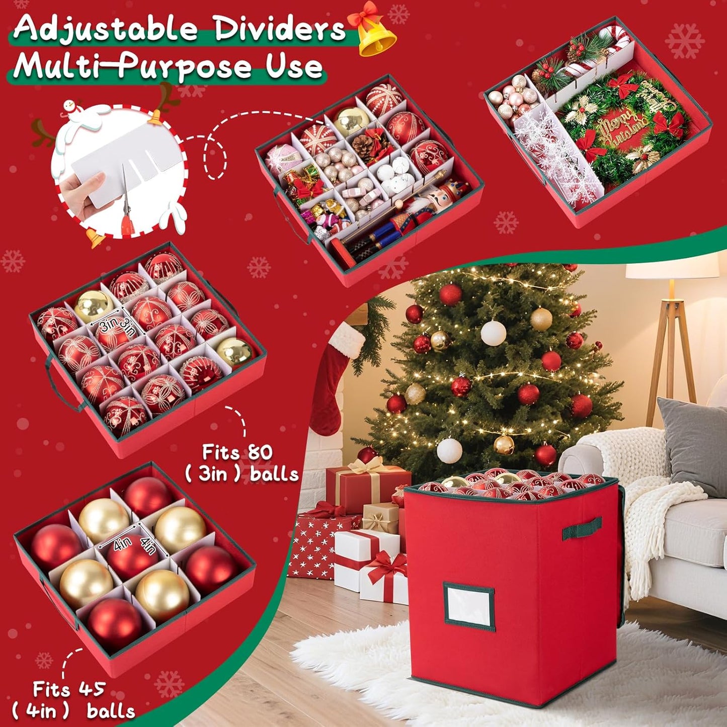 OIAHOMY Christmas Ornament Storage Box - Holds 80 Ornaments with Trays & Zippers | Durable 600D Oxford Fabric - Red