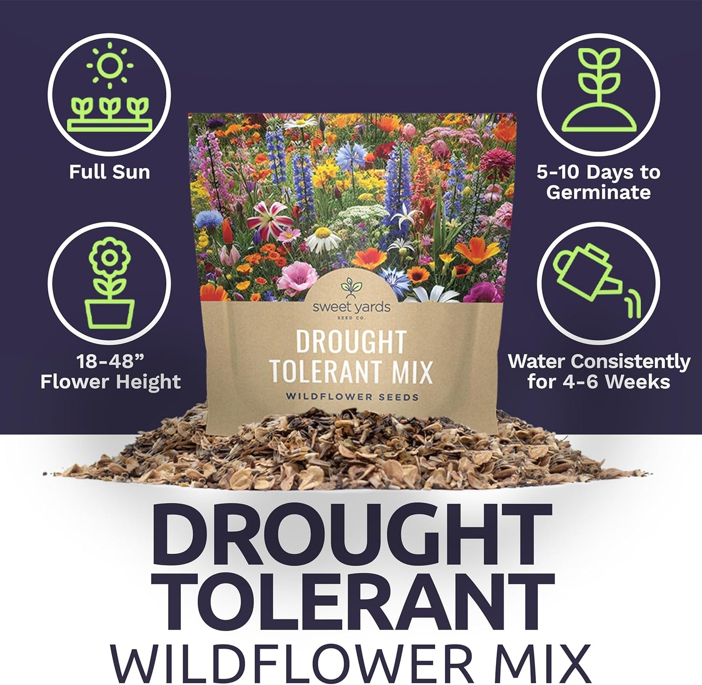 Wildflower Seed Mix by Drought Tolerant - Extra Large Packet with 7,500 Non-GMO Seeds - 21 Dryland Species