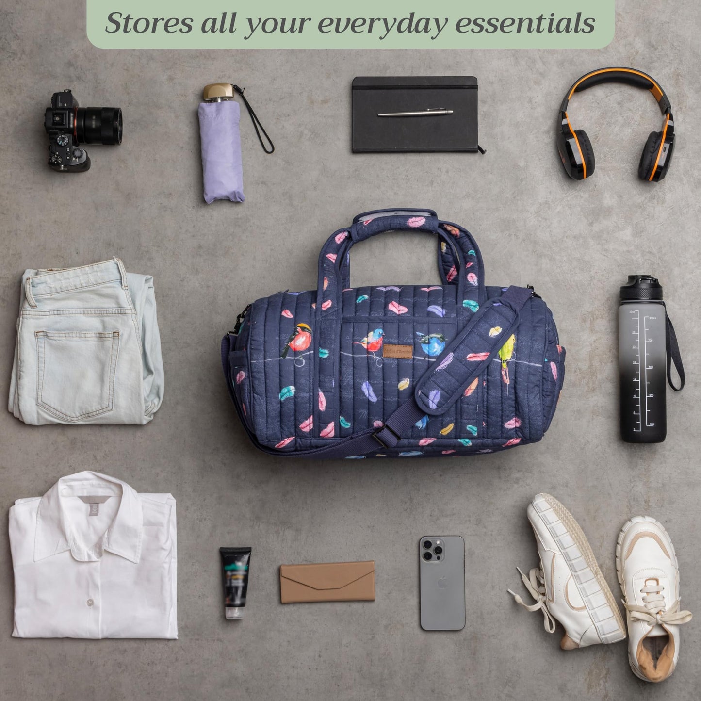 Maison d' Hermine Weekend Duffel Bags for Women Cotton Quilted Overnight Luggage Weekend Bag for Men Gym Sports Gifts Travel Business Travellers Trip Mothers Day Gifts -Birdies on Wire - Navy