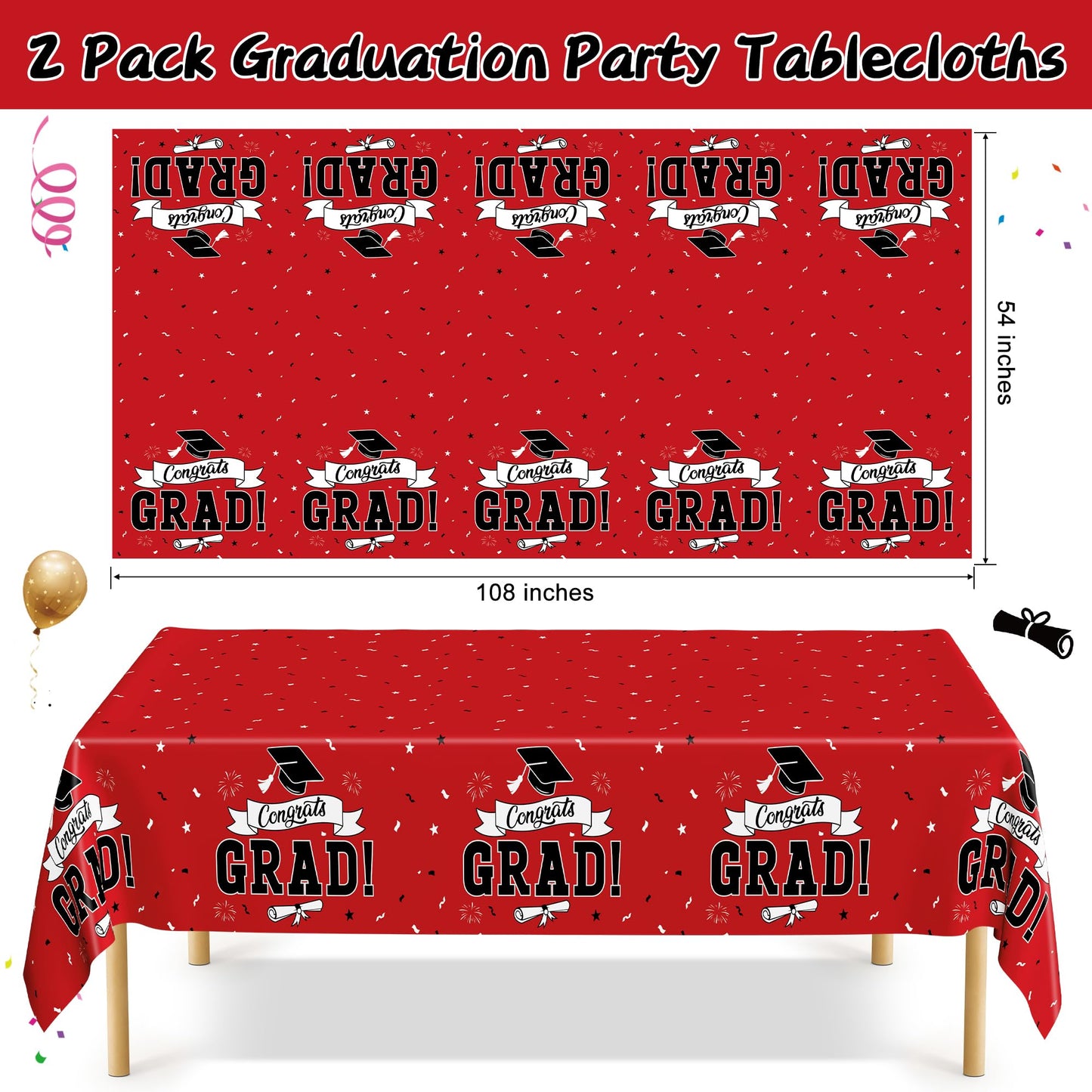 QZYL 2 PCS Graduation Tablecloth, 108" X 54" Red Graduation Table Decorations 2026, Disposable Plastic Tablecover for Grad Decor Party Supplies, Rectangle Table Cloths for Class 2026 Congrats Grad