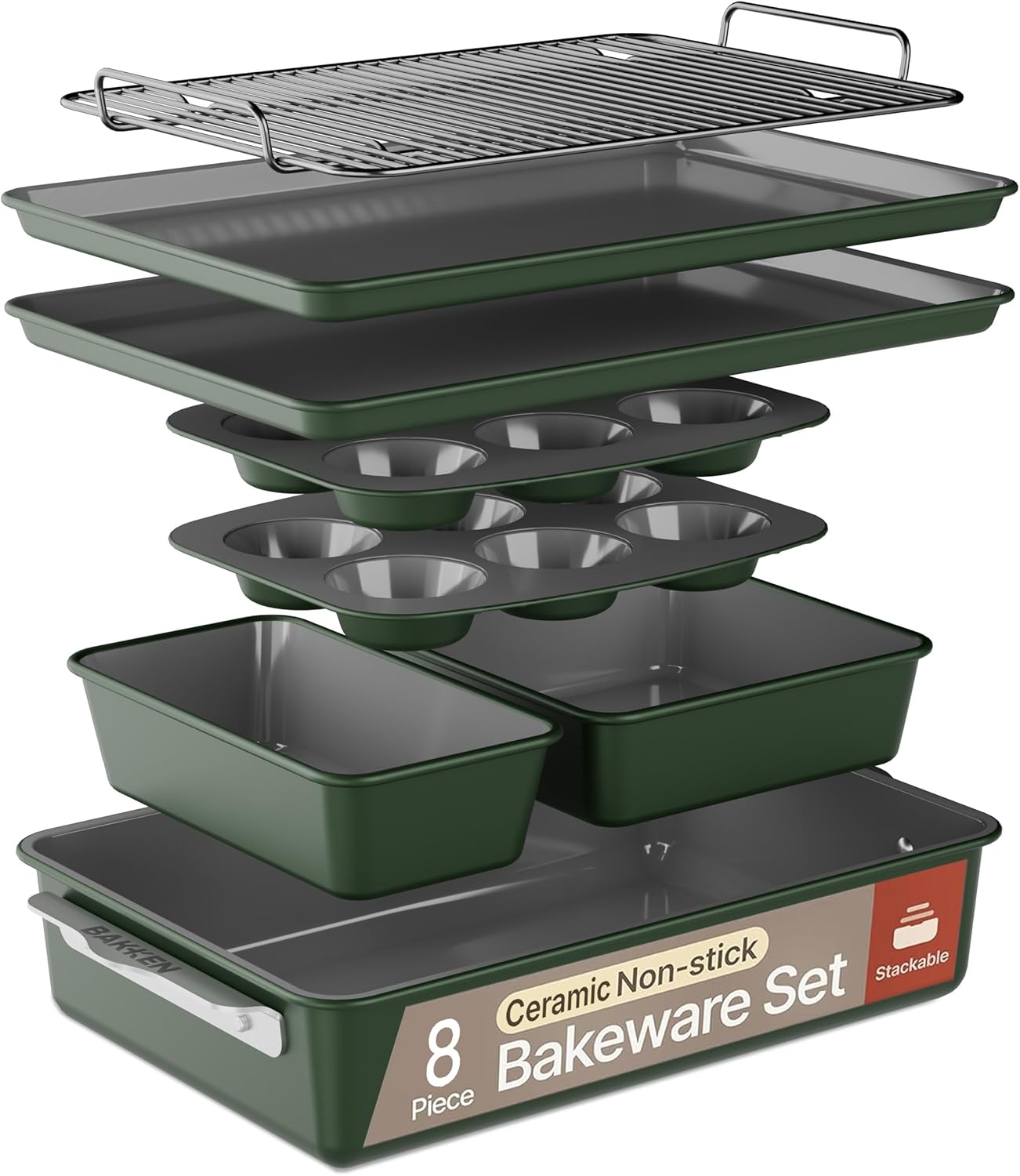 Bakken 8-Piece Bakeware Set - Nonstick Ceramic Coated Pans | Oven Safe Up to 500°F, Green