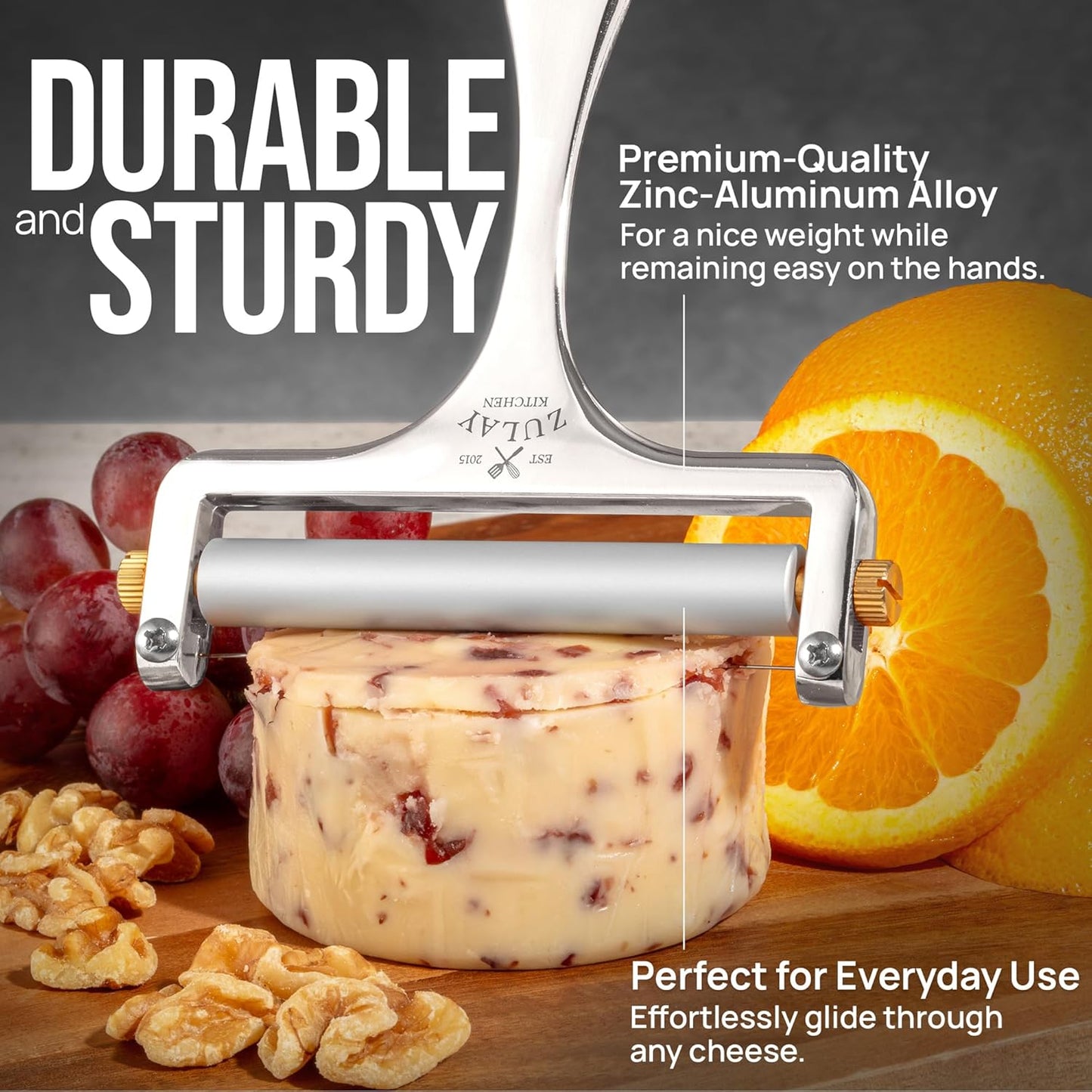 Zulay Kitchen Stainless Steel Cheese Slicer - Adjustable Handheld Cutter with 2 Extra Wires | Premium Shaver for Mozzarella, Cheddar, Gruyere - Silver