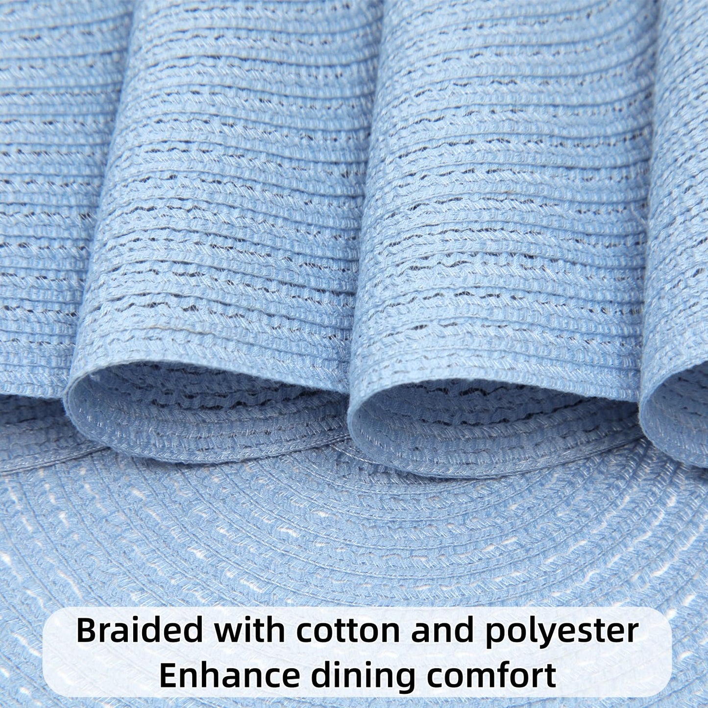 SHACOS Round Braided Placemats Set of 8 Washable 15 inch Round Non Slip Table Place Mats for Dining Tables Wedding Party Decor (Light Blue, 8)