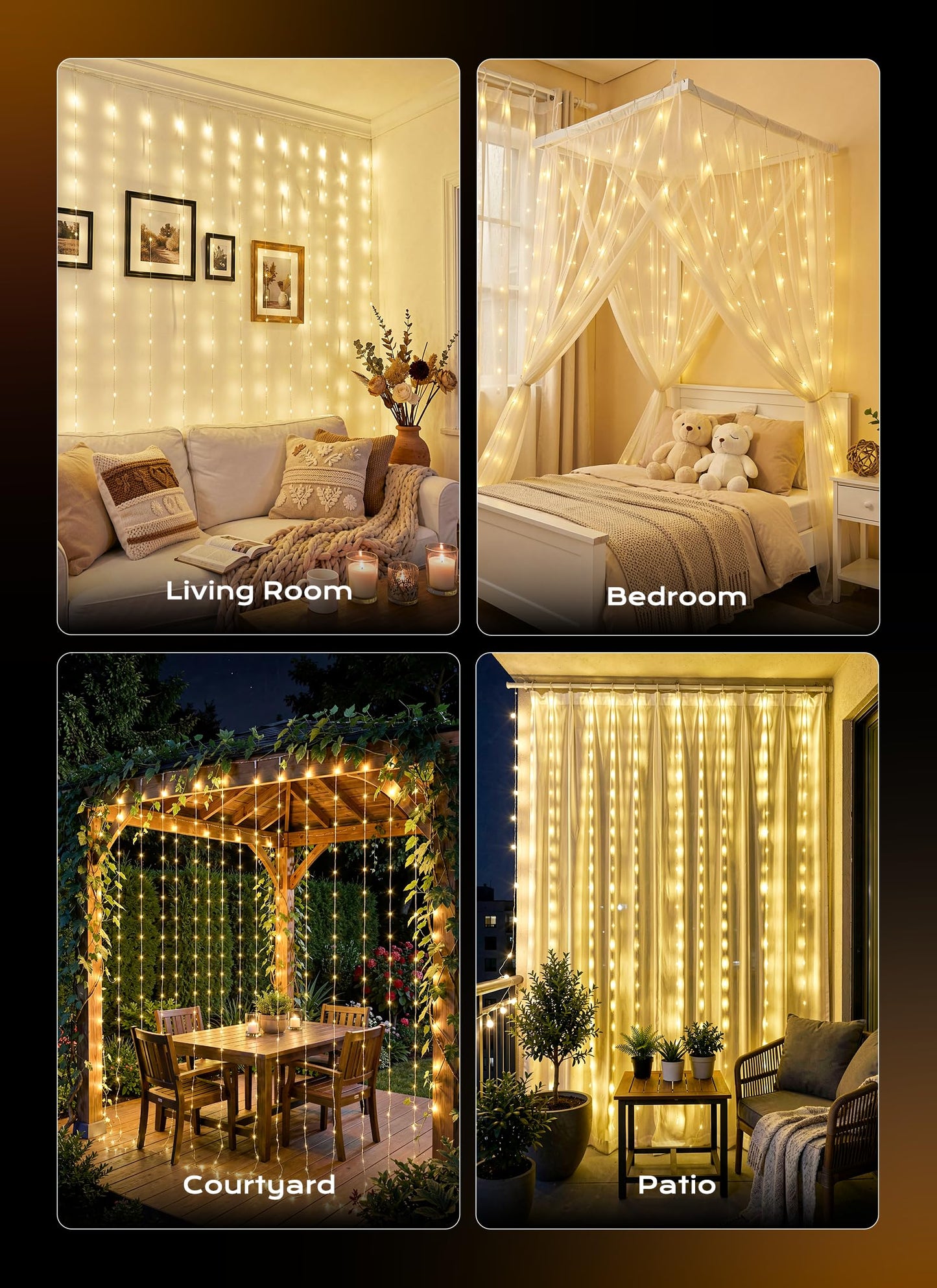 Brightown 180 LED Shower Curtain Lights, 70 Inch Warm White Fairy Lights Battery Operated String Lights, 8 Modes Waterproof Christmas Lights for Indoor Outdoor Decor(No Curtain)