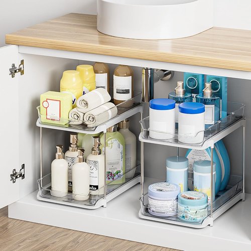 Delamu 2-Tier Bathroom Under Sink Organizer - Stackable Storage with Movable Dividers, White | 2 Pack