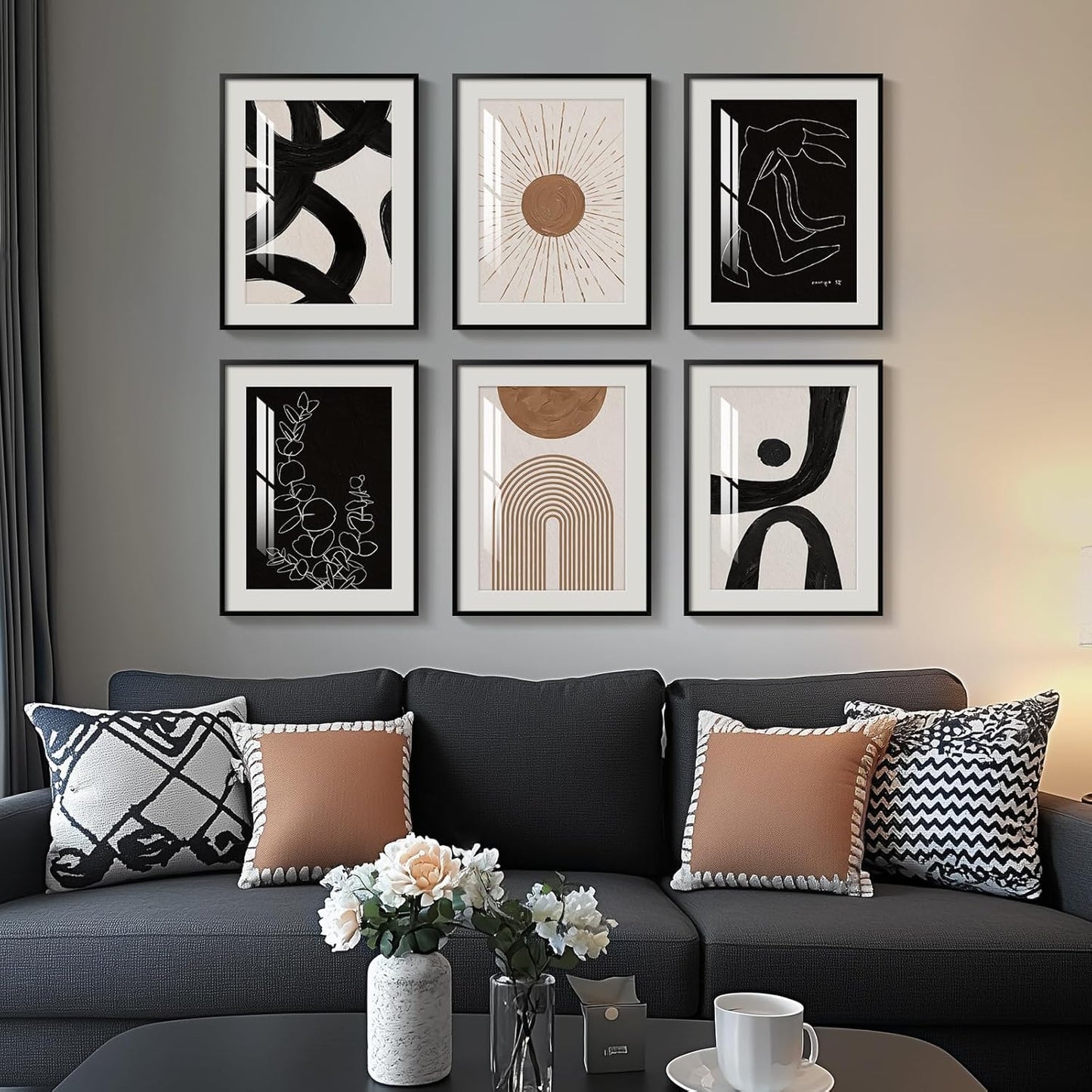 Skiennix Framed Boho Black and White Modern Abstract Wall Art - Set of 6 Geometric Prints 11x14 Inch